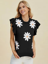 Trendsi Double Take Full Size Ruffled Flower Round Neck Cap Sleeve Sweater -