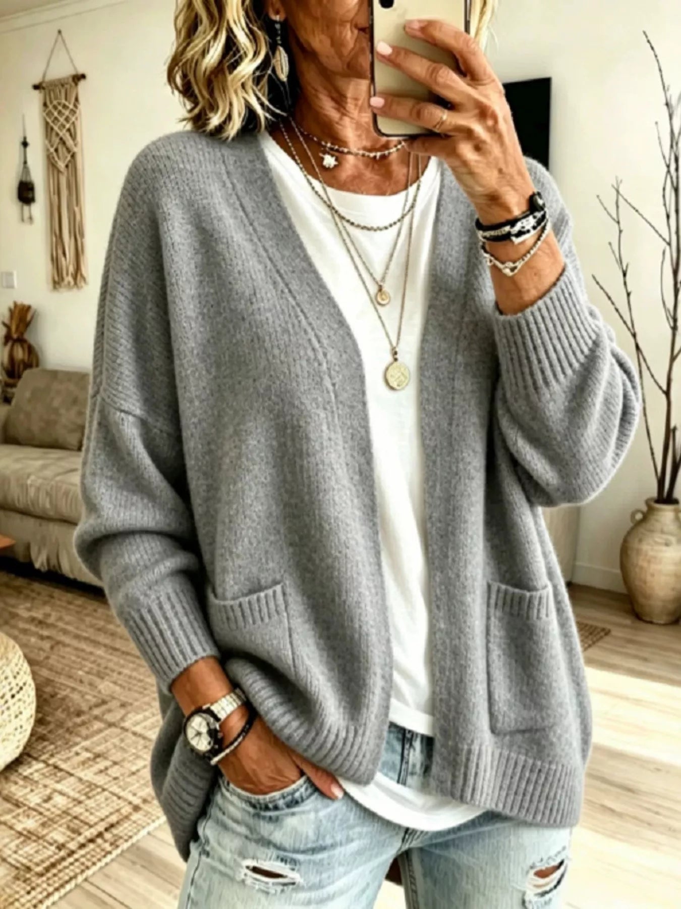 Trendsi Open Front Knit Cardigan with Pockets -
