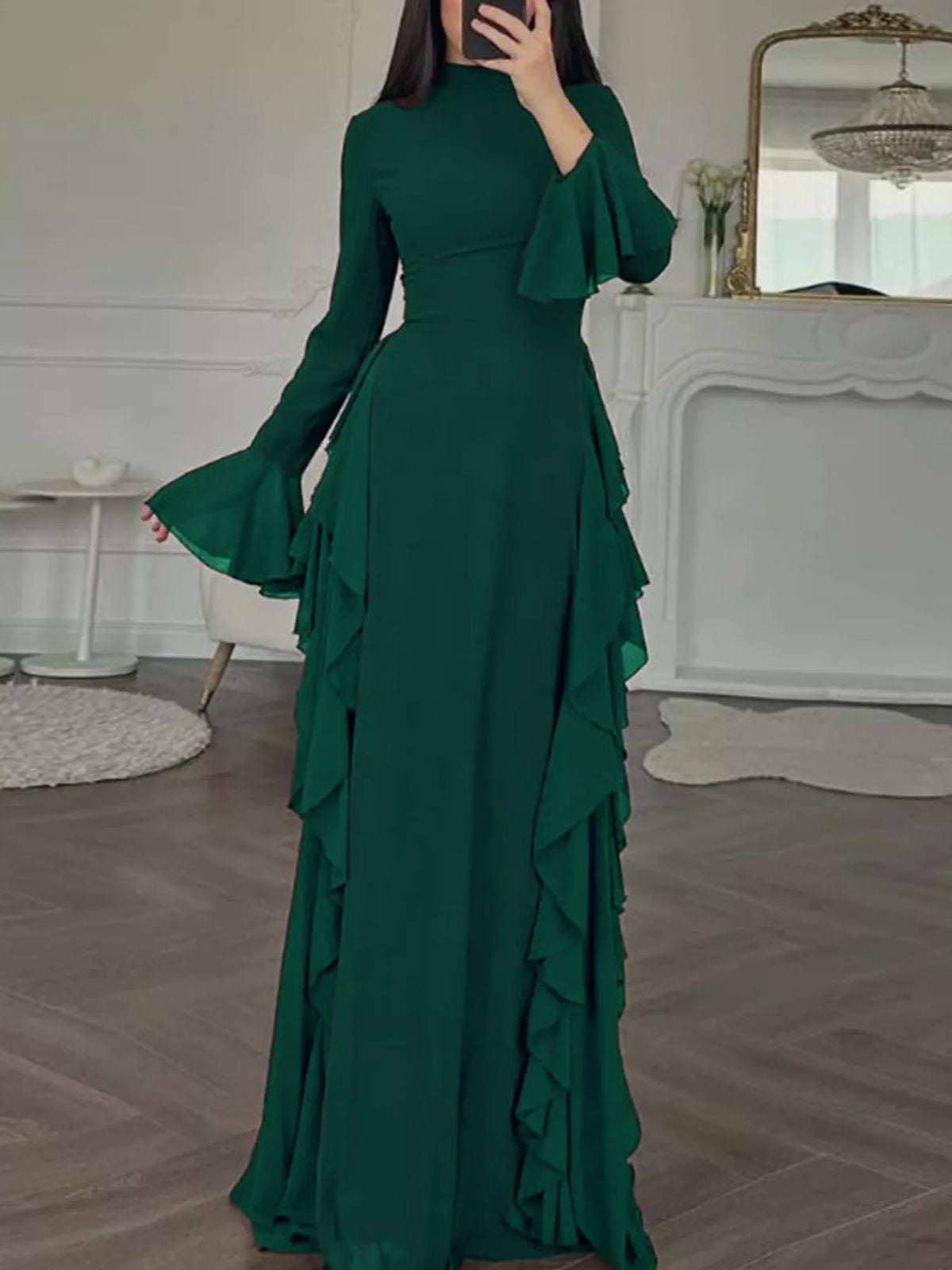 Mock neck long sleeve maxi dress, front view on model