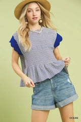 Trendsi Umgee Stripe Ruffle Sleeve Peplum Top -