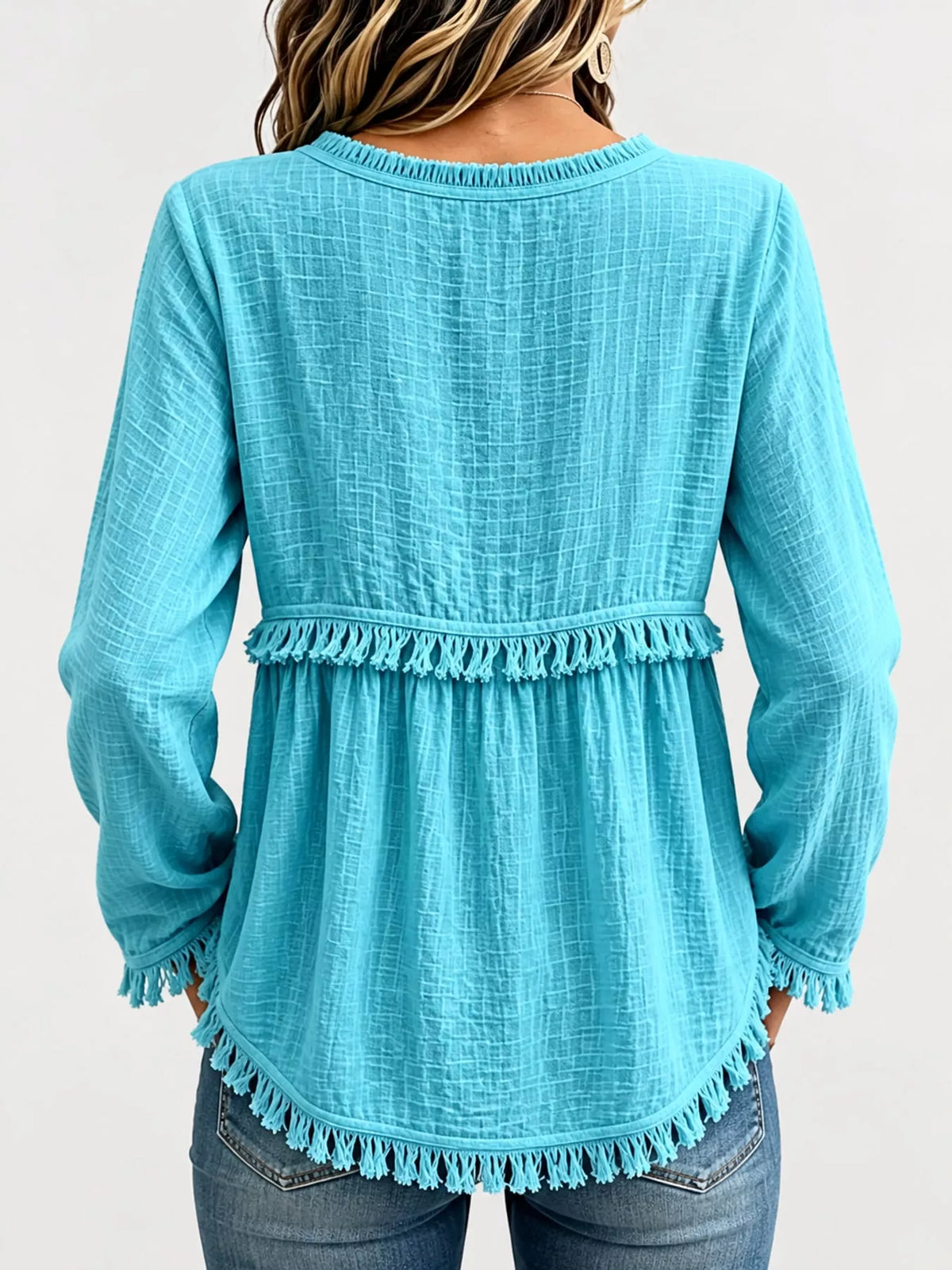 Fringe-trim blouse, turquoise back