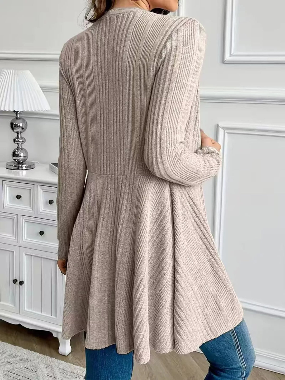 Apricot ribbed knit open front cardigan, back view