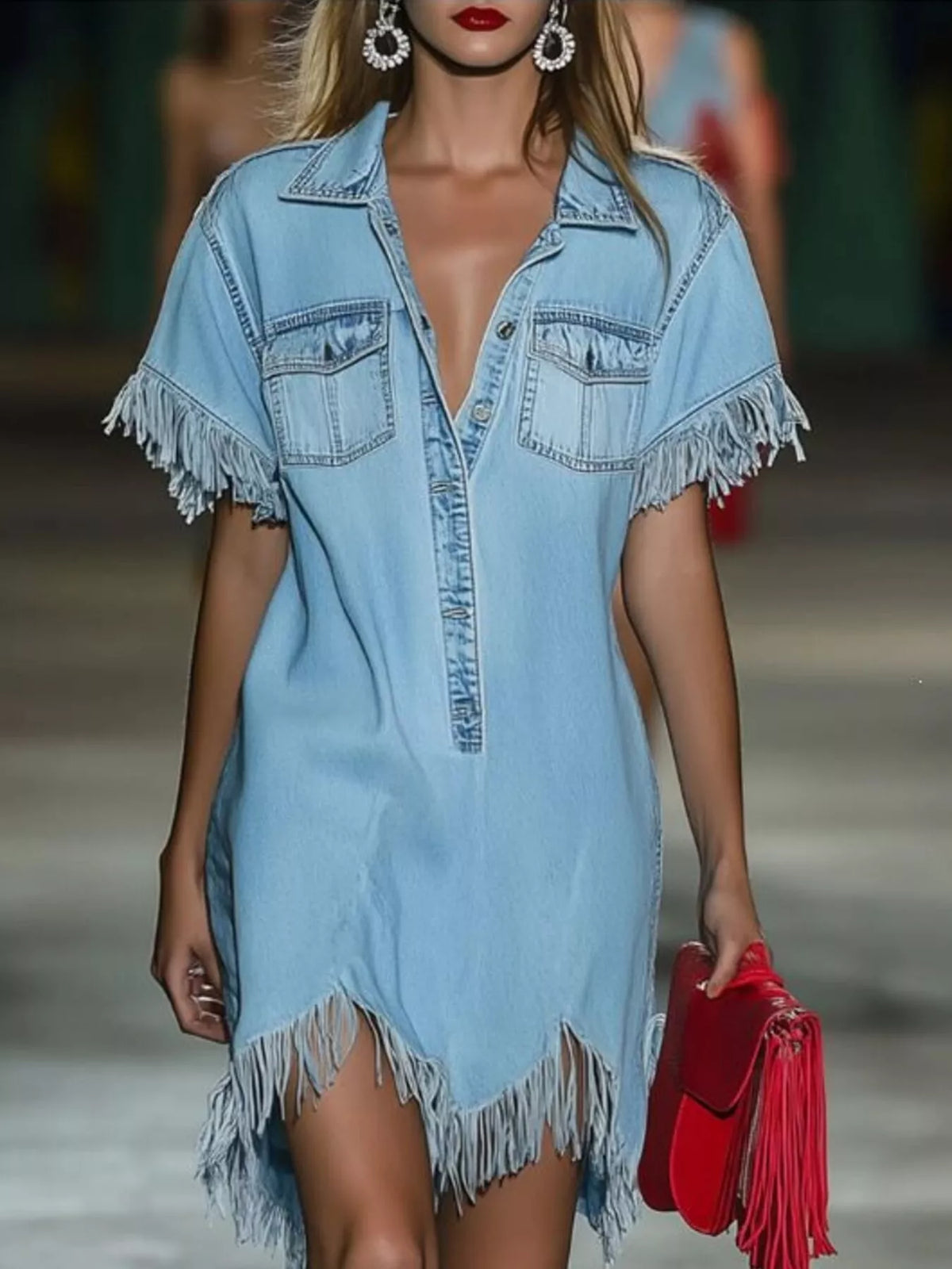 Light blue fringed denim-look short-sleeve shirt dress