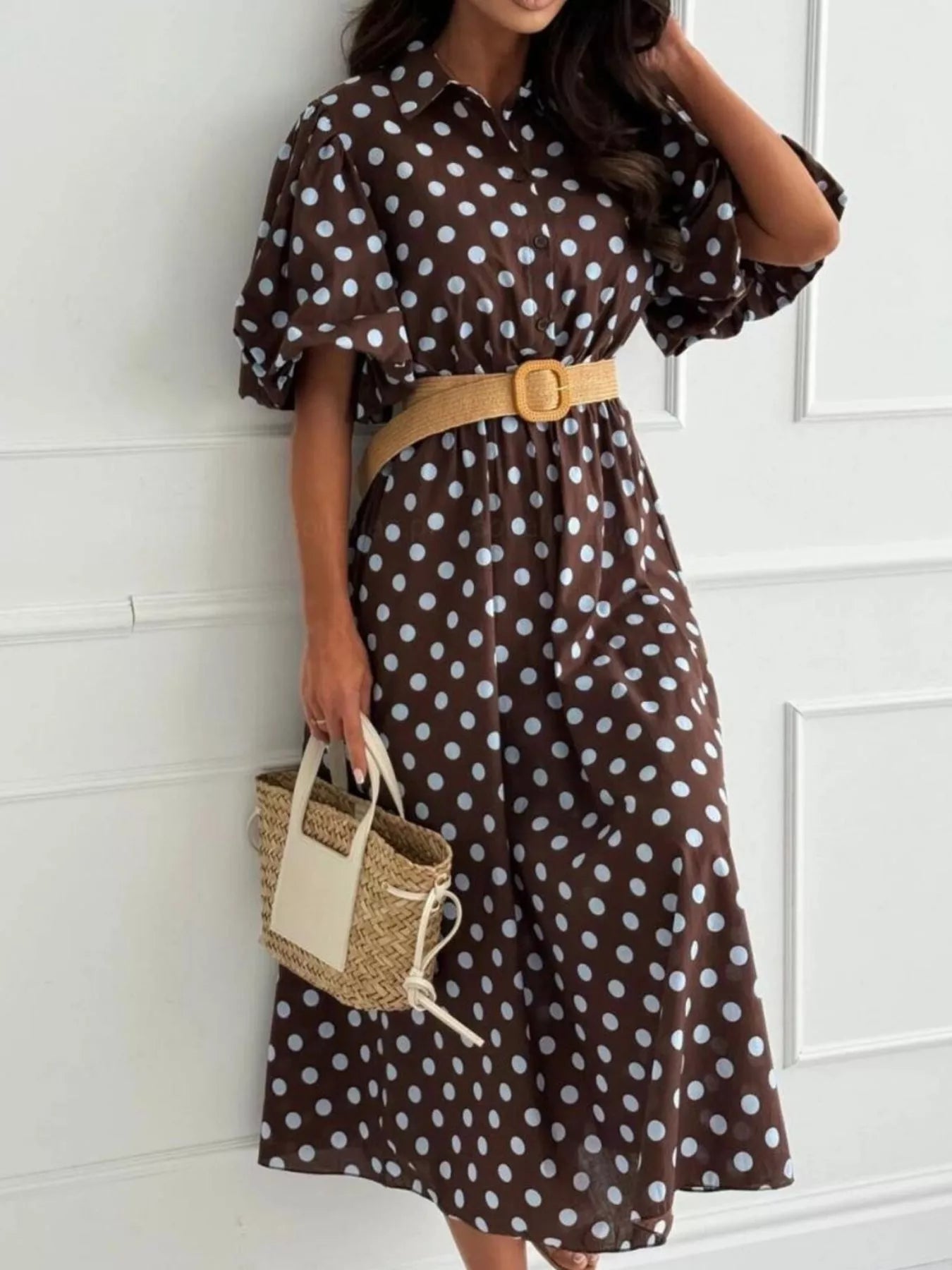 Trendsi Polka Dot Puff Sleeve Midi Dress -