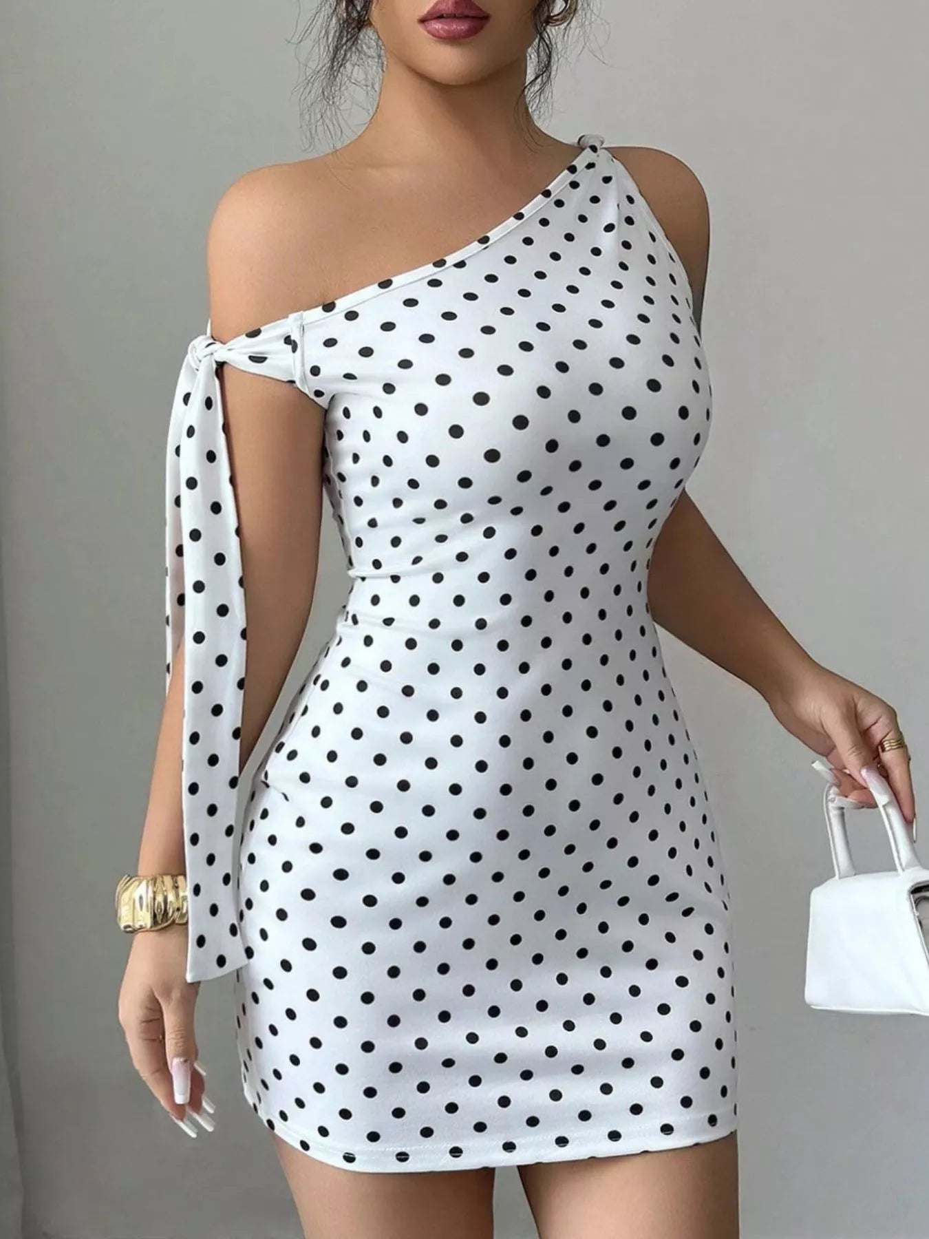 Trendsi One-Shoulder Polka Dot Bodycon Mini Dress -
