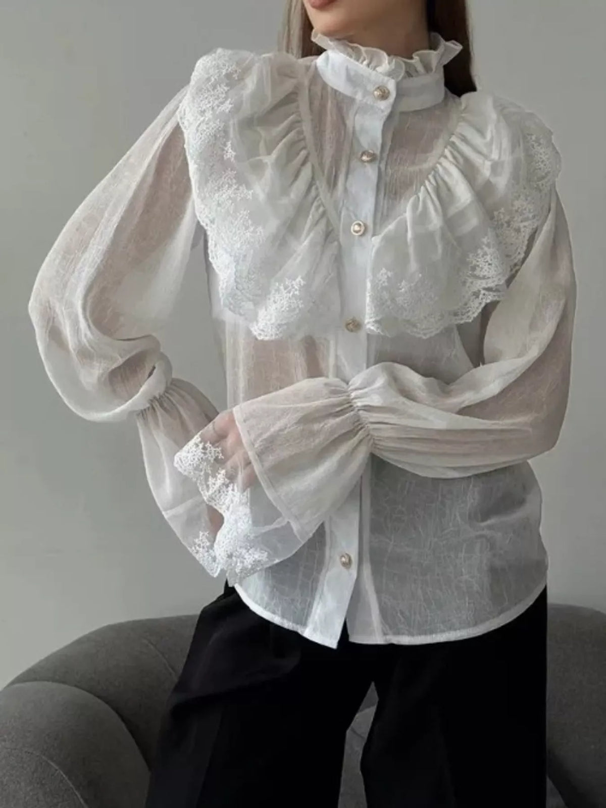 Lace Button-Up Flounce Sleeve Shirt — front view