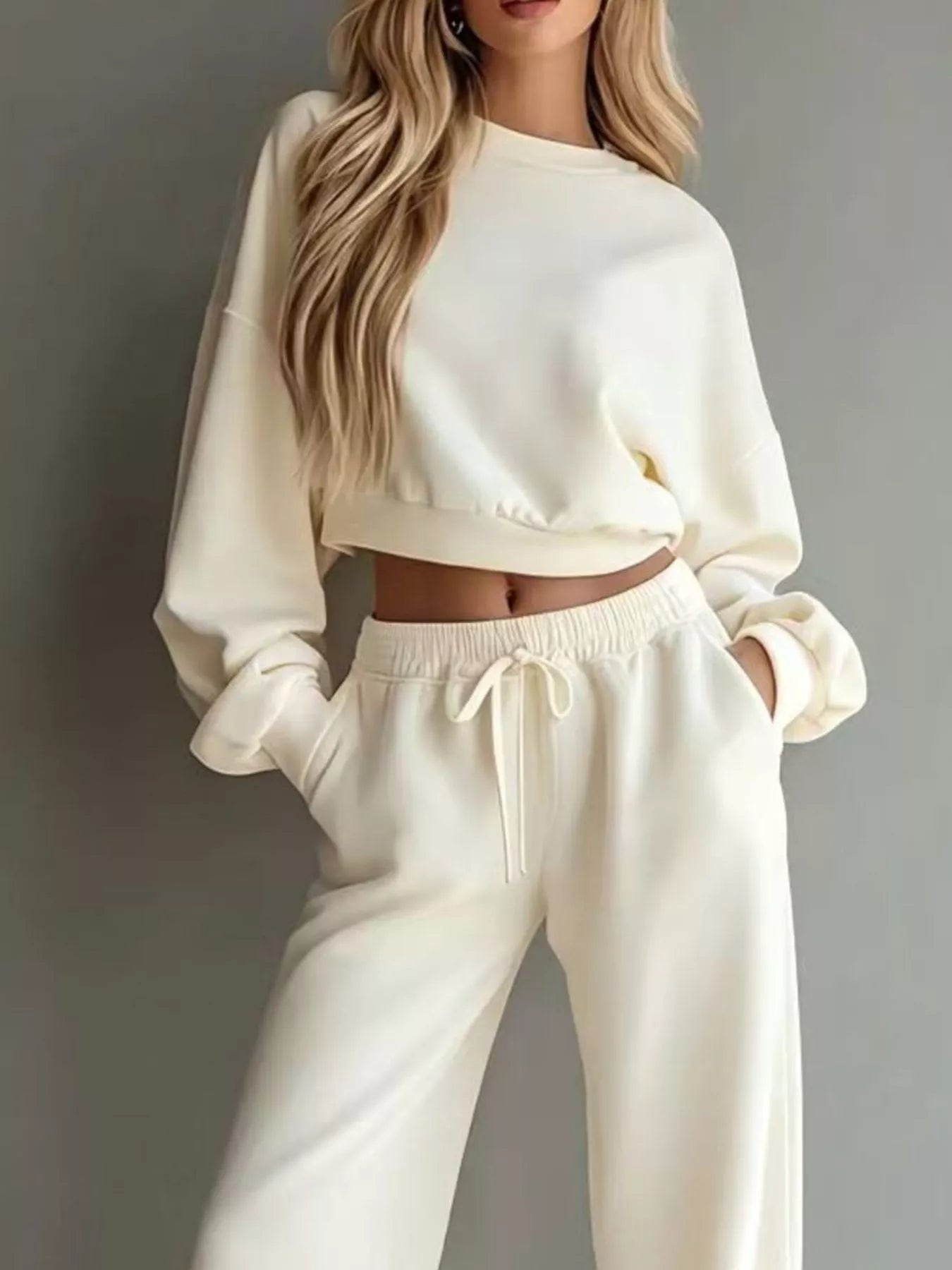 Trendsi Round Neck Cropped Sweatshirt and Wide-Leg Pants -