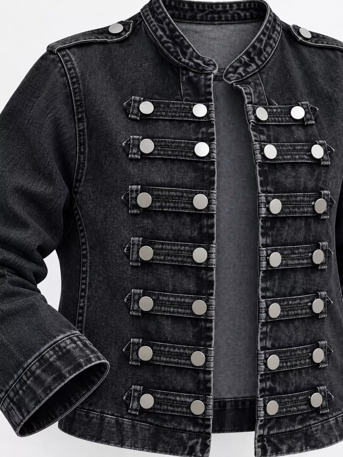 Decorative Button Cropped Denim Jacket — garment construction details