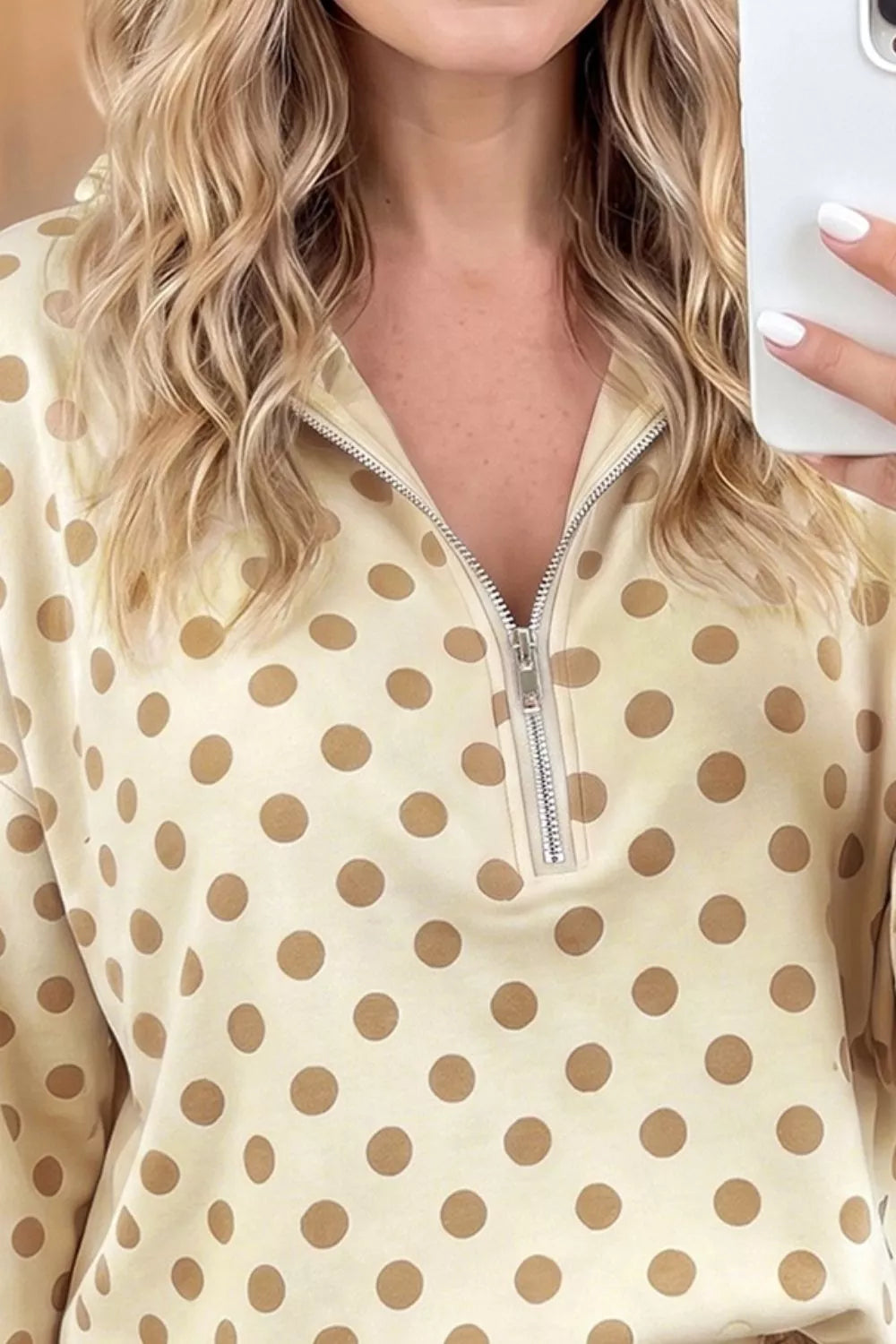 Trendsi Polka Dot Quarter Zip Sweatshirt and Shorts Set -