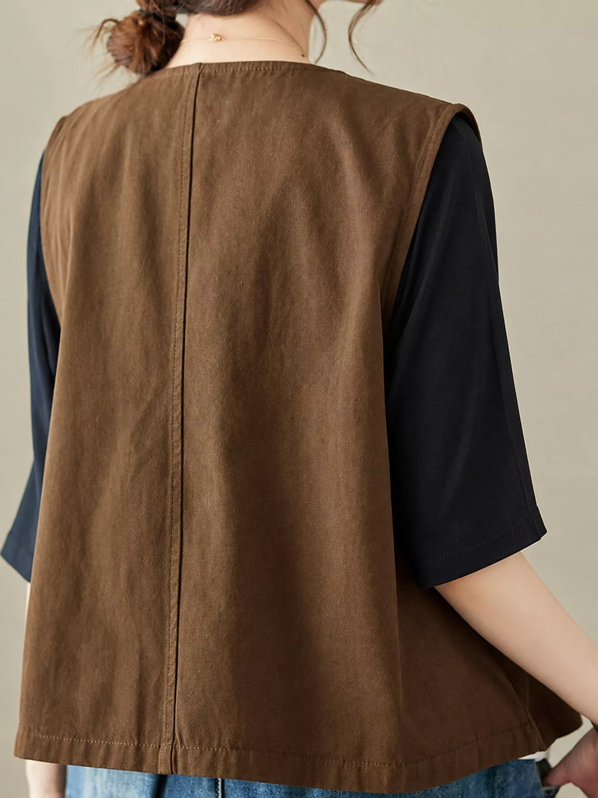 Asymmetric Button Closure Utility Vest Coat, back view in brown