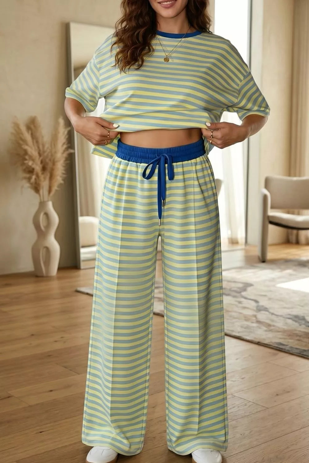 Trendsi Stripe Colorblock Trim Crew Neck Loose Tee Drawstring Elastic Waist 2pcs Pant Set -
