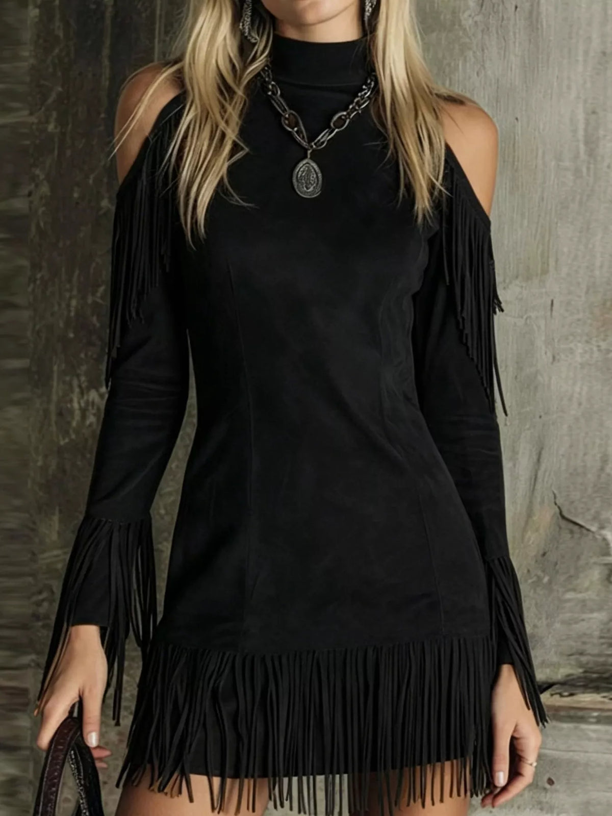 Trendsi Fringed Cold Shoulder Mini Dress -