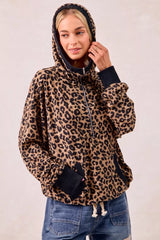 Trendsi BiBi Leopard Print Waffle Half Zip Up Hoodie W Pocket -
