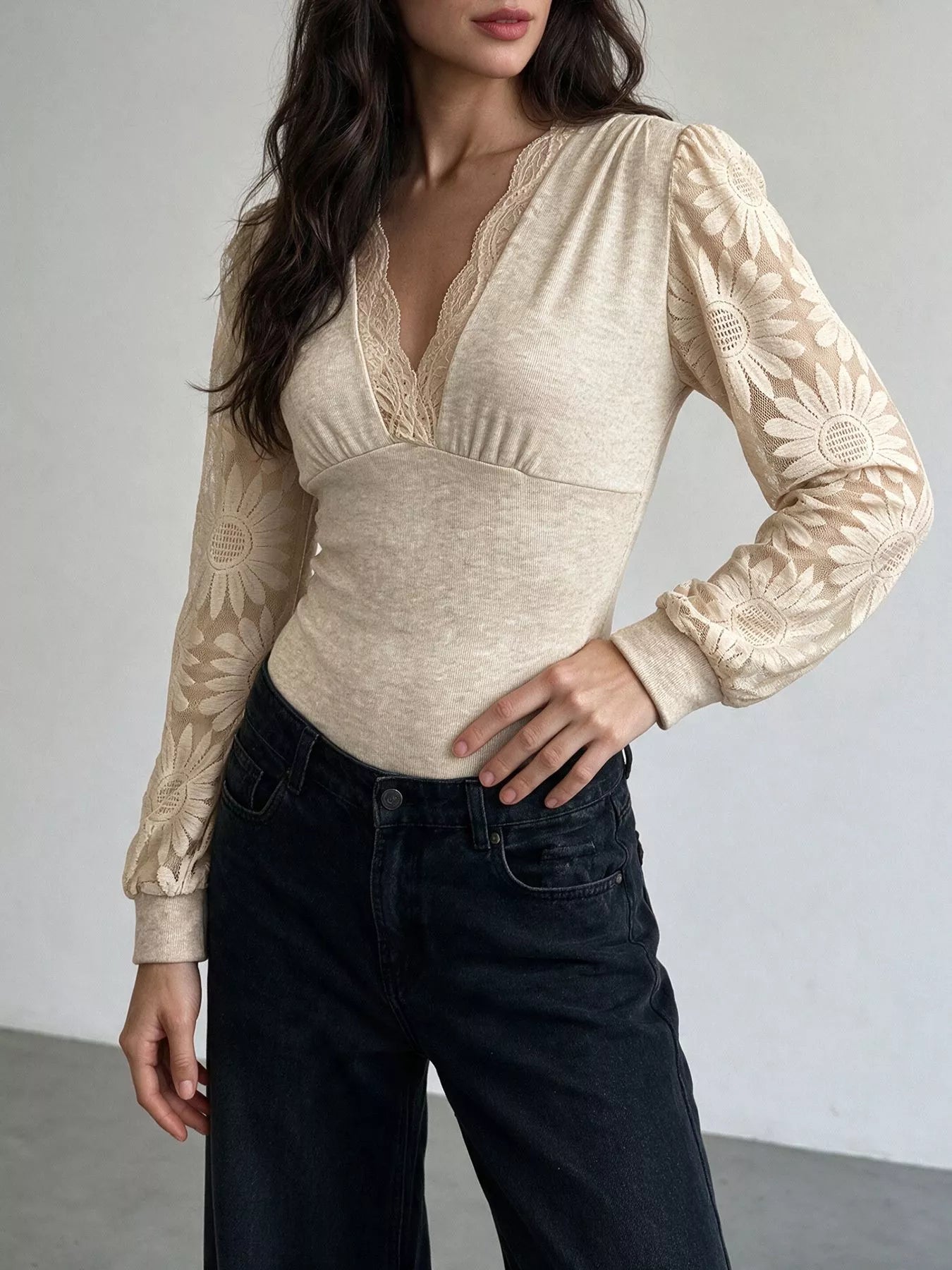 Trendsi V-Neck Lace Trim Floral Mesh Sleeve Bodysuit -