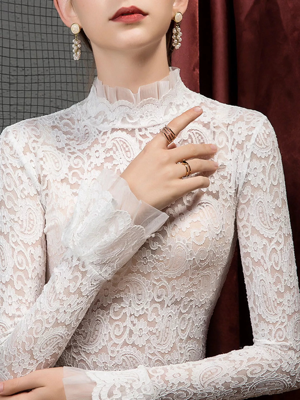 White lace mock neck blouse