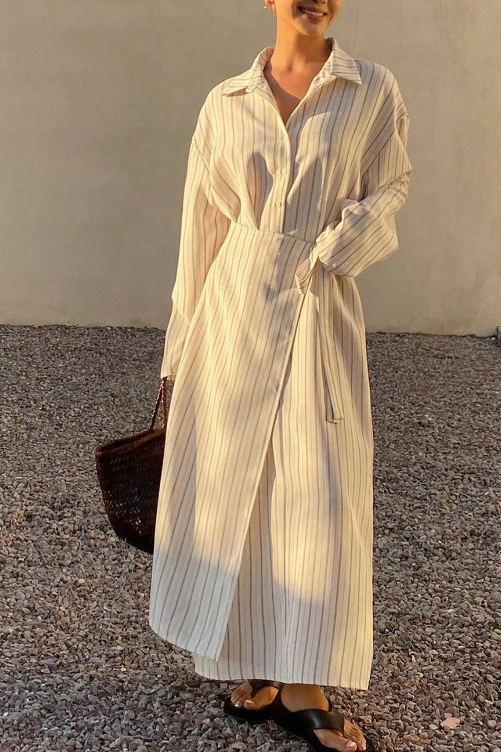 Striped button-down shirt dress with waist tie