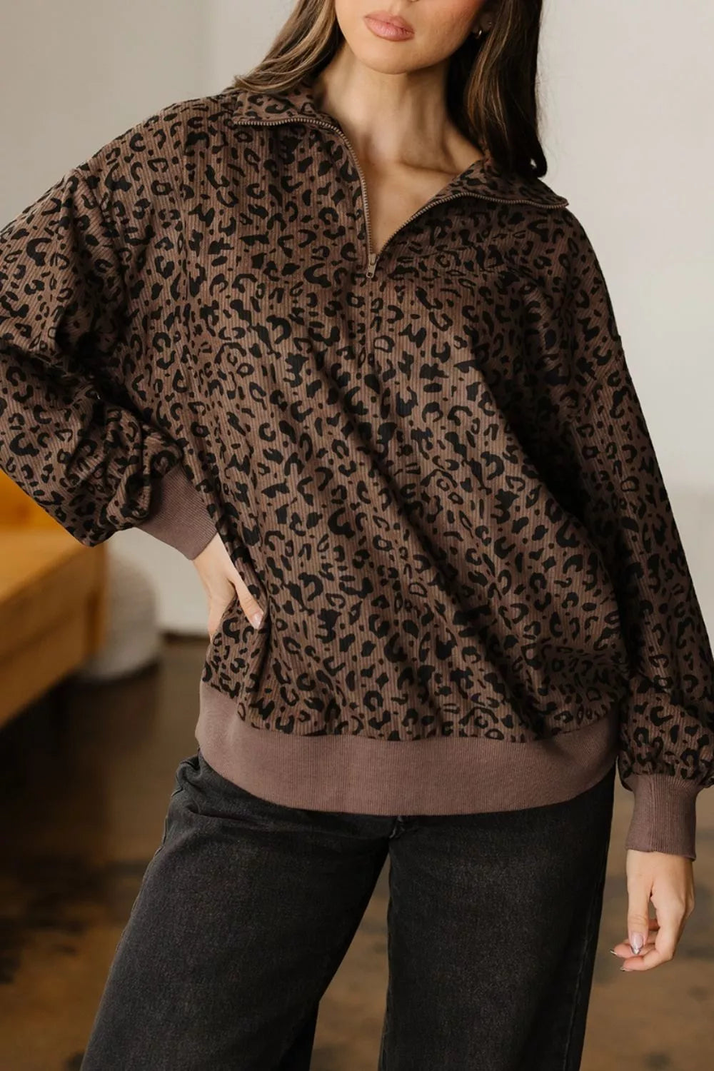 Trendsi Leopard Print Quarter-Zip Sweatshirt -