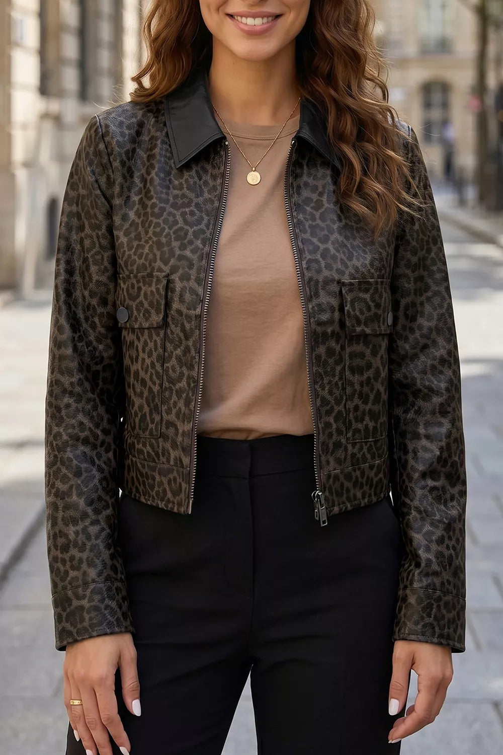 Trendsi Leopard Print Cropped Faux Leather Jacket with Utility Pockets - Outerwear