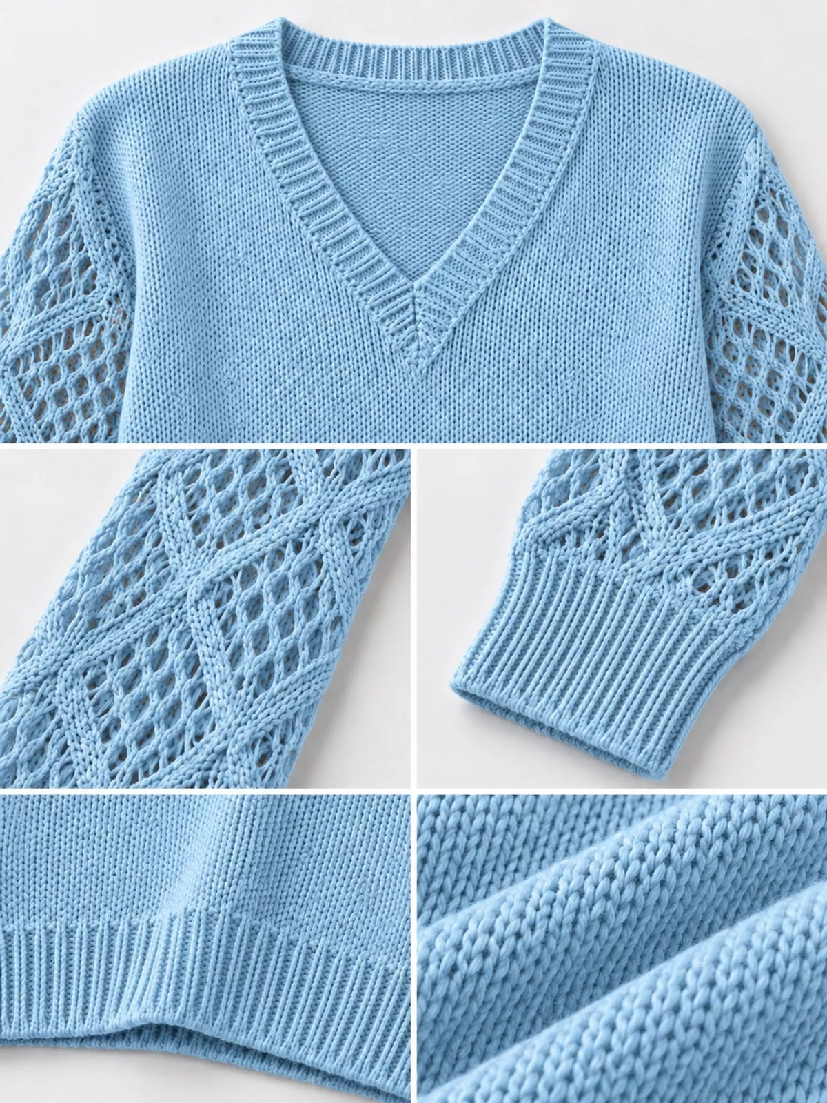 Light blue v neck openwork long sleeve sweater, detail view