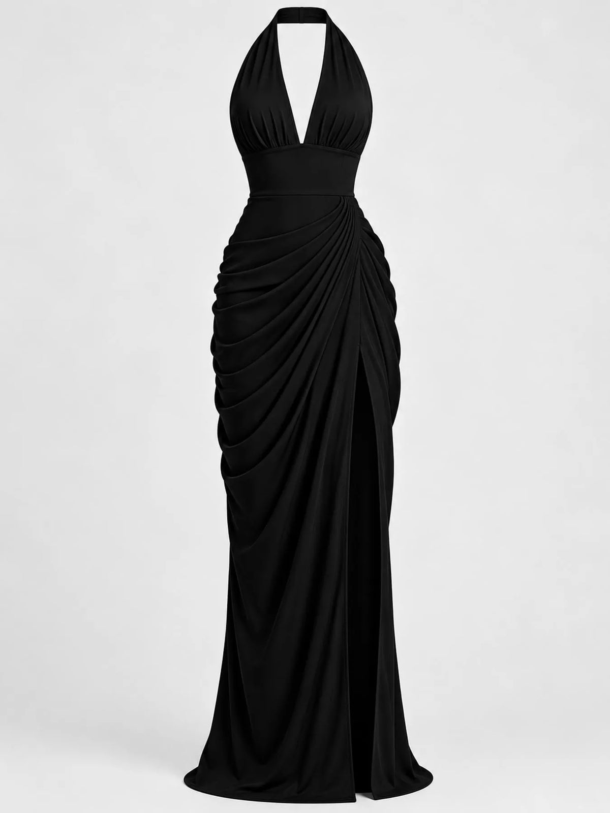 Black halter neck high-slit maxi evening dress — front view
