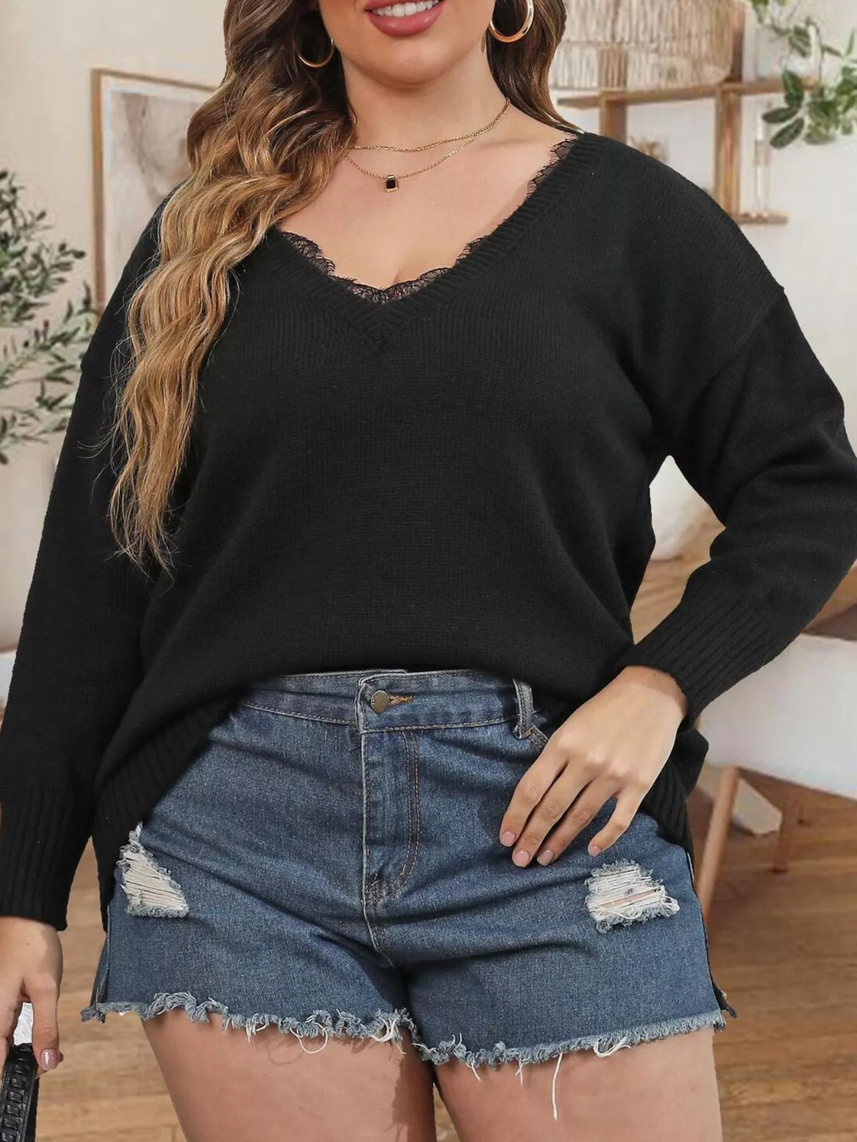 Trendsi Plus Size Lace Trim V-Neck Sweater -