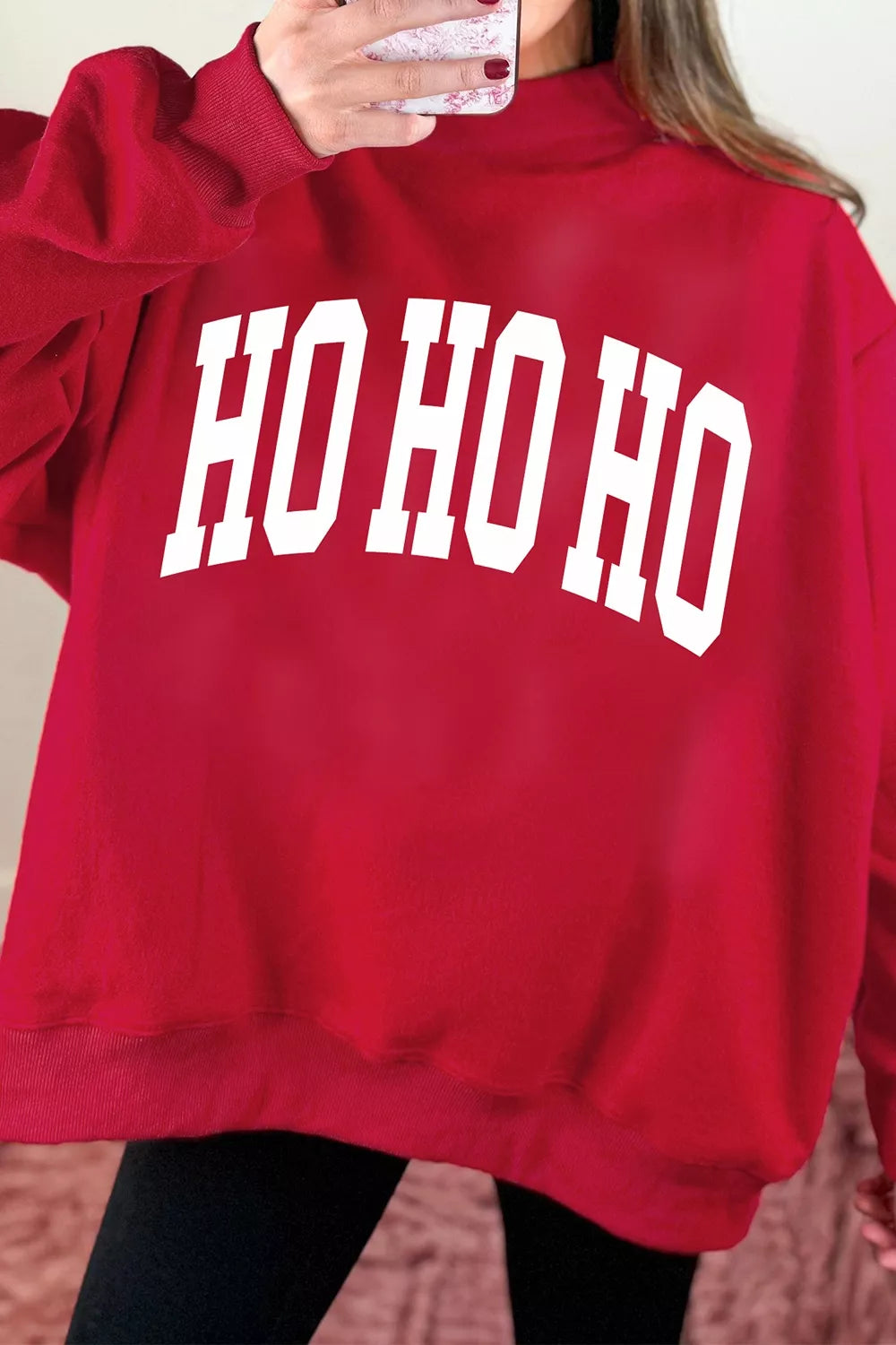 Red holiday high neck tunic sweatshirt, Ho Ho Ho graphic