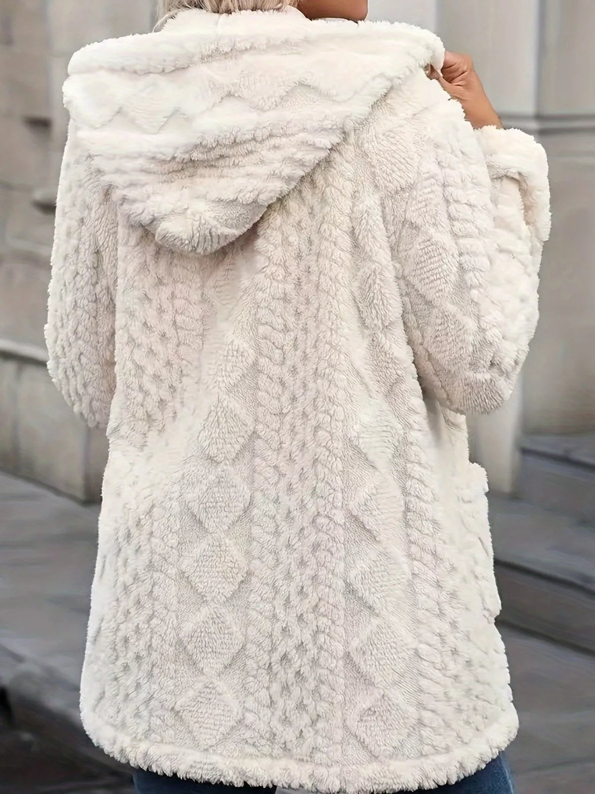 Ivory faux fur hooded zip-up jacket, back view