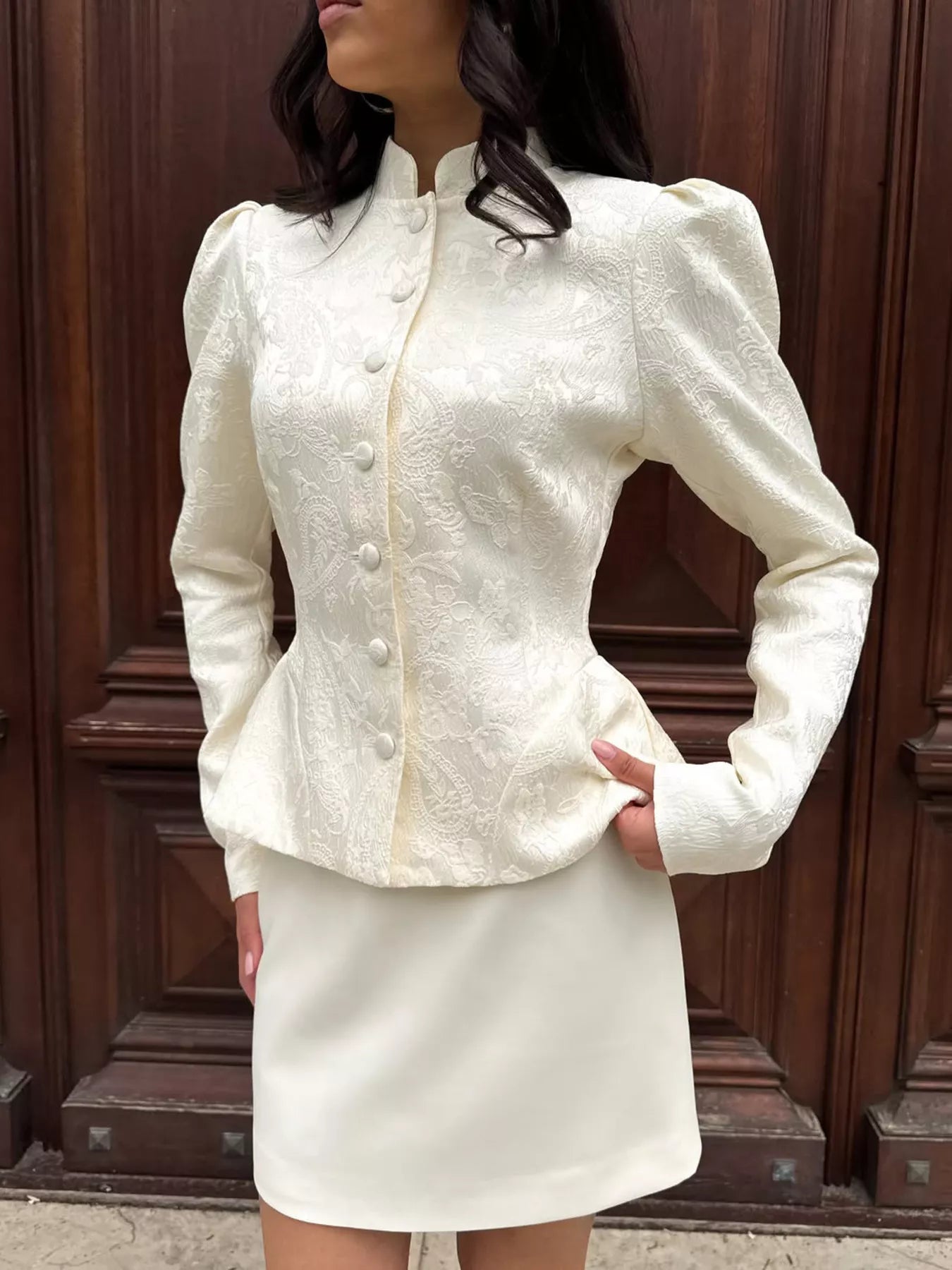 Trendsi Jacquard Peplum Puff Sleeve Outerwear -