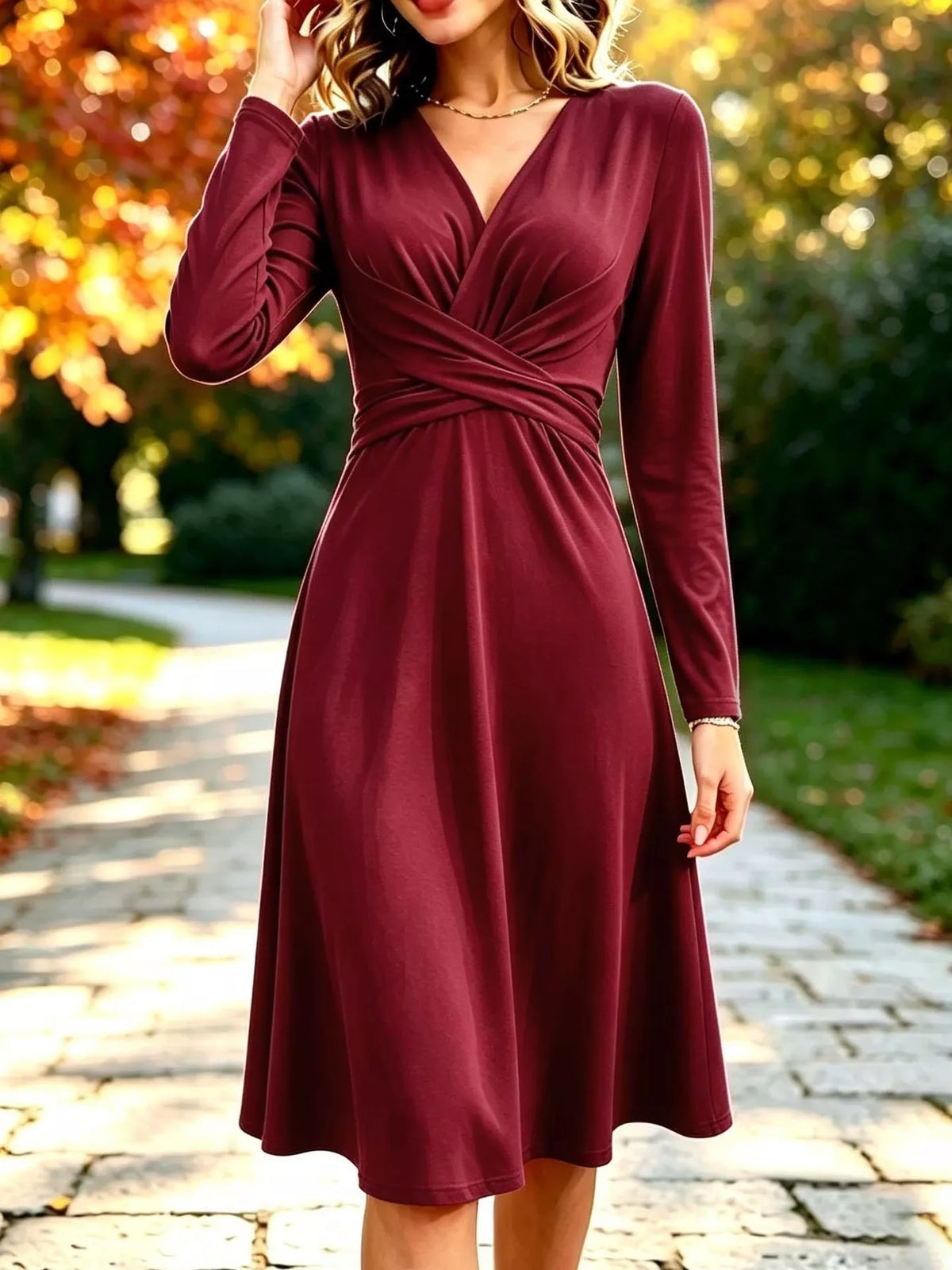 Women's V-Neck Ruched Waist Long Sleeve Midi Dress in burgundy — front view