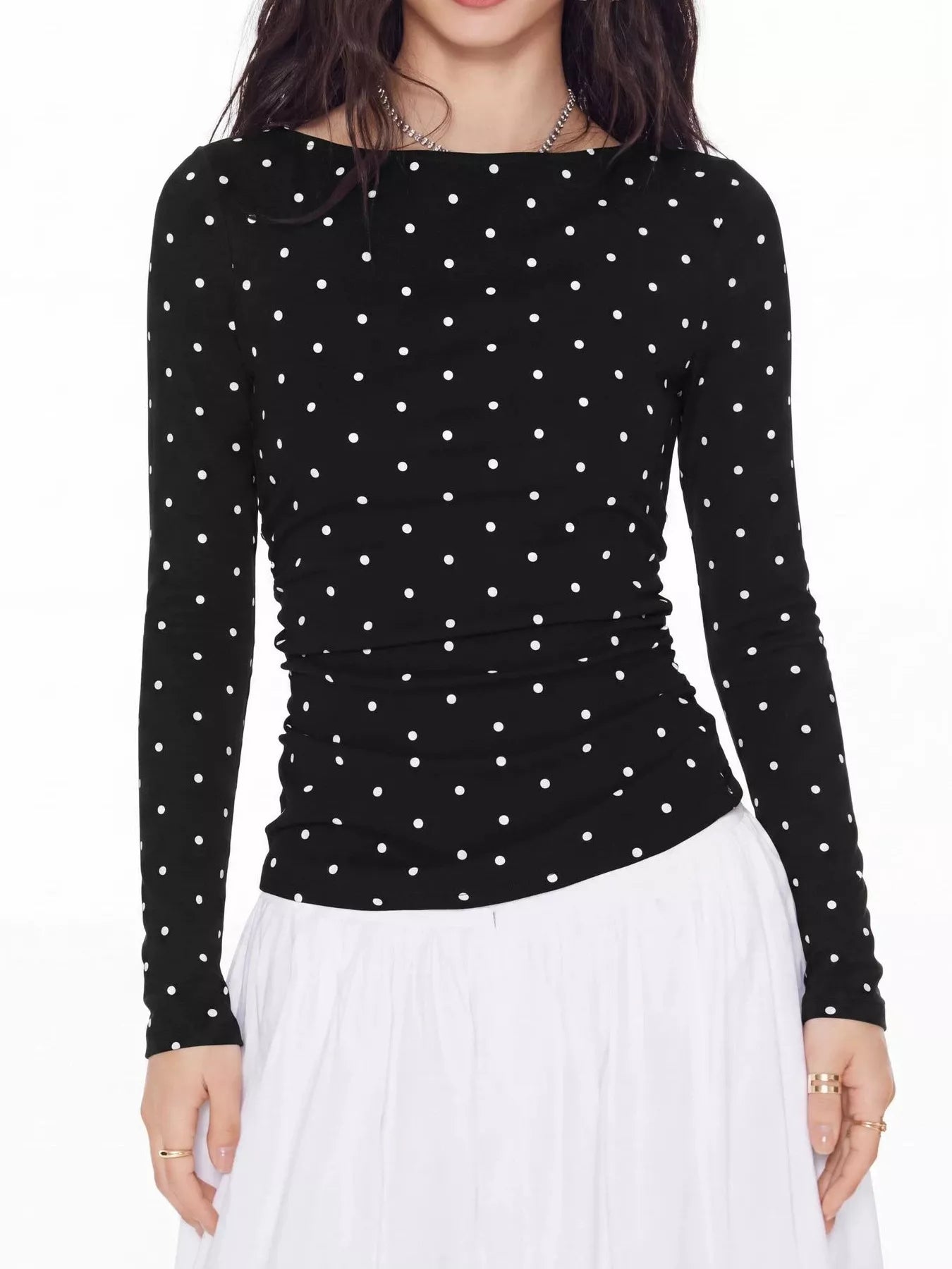 Trendsi Long Sleeve Polka Dot Tie Back T-Shirt -