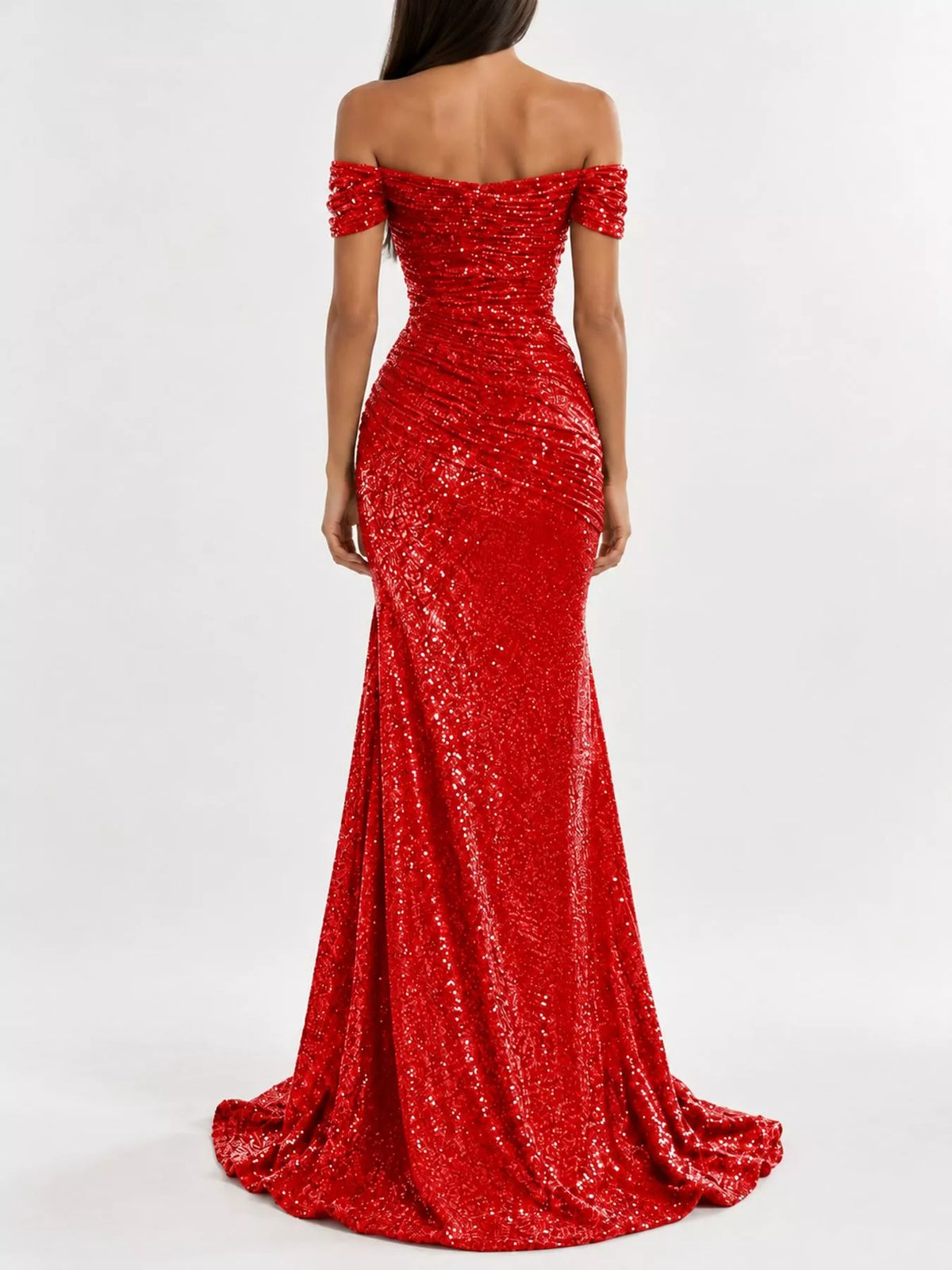 Off-shoulder short sleeve maxi dress, back view