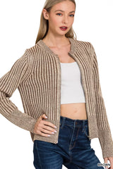 Trendsi Zenana Ribbed Two Tone Zip Up Sweater Cardigan -