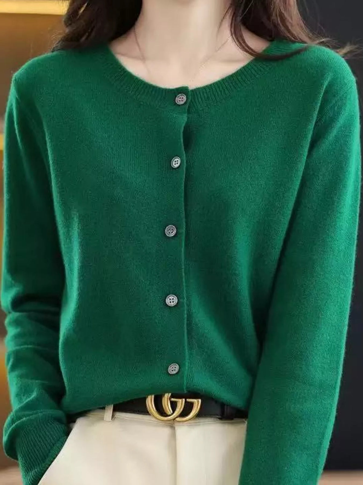 Button-down cardigan, green front