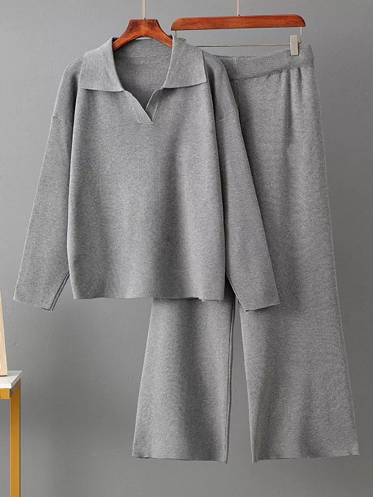 Collared Long Sleeve Knit Top and Wide-Leg Pants Sweater Set — garment front