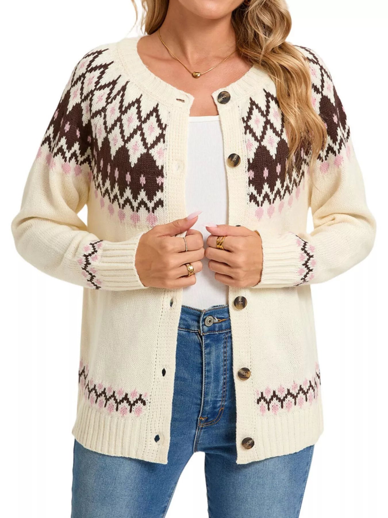 Trendsi Fair Isle Patterned Button-Down Knit Cardigan -