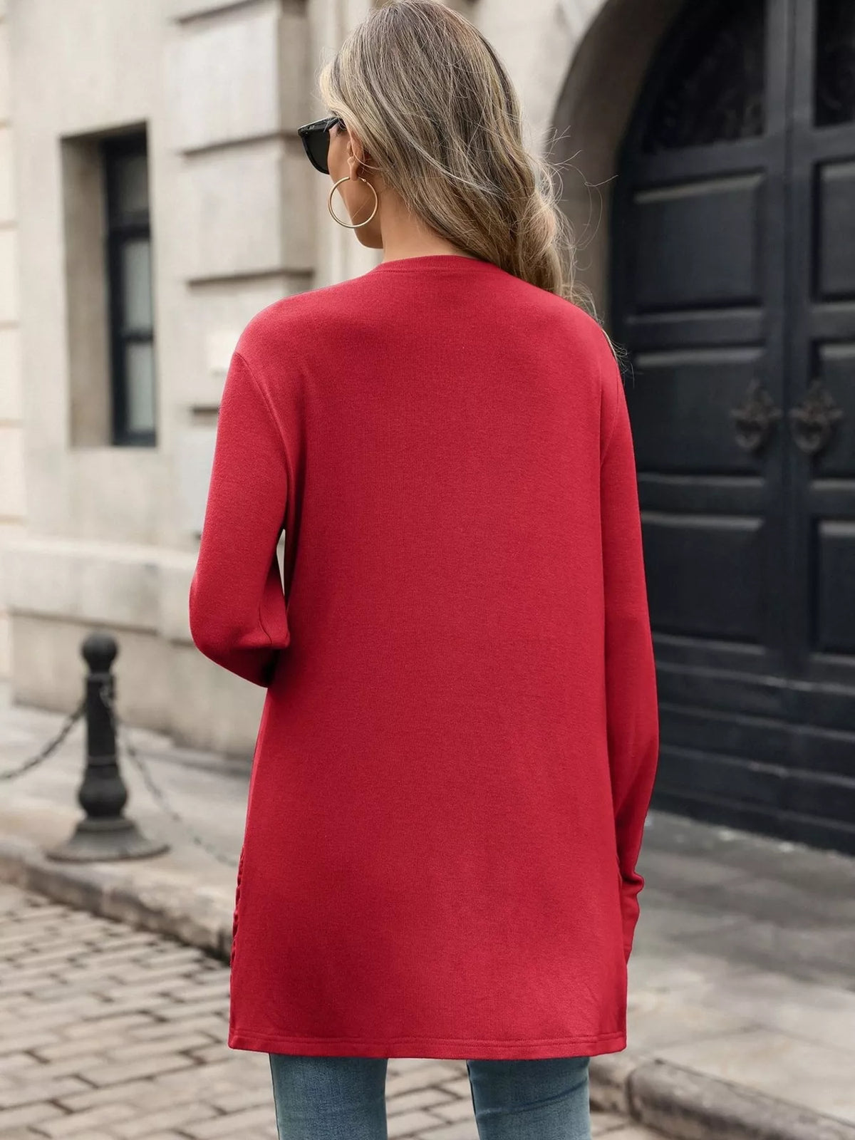 Ruched pocket open-front cardigan