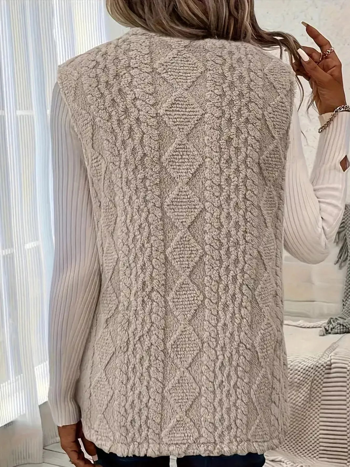 Taupe sherpa open front vest coat, back view