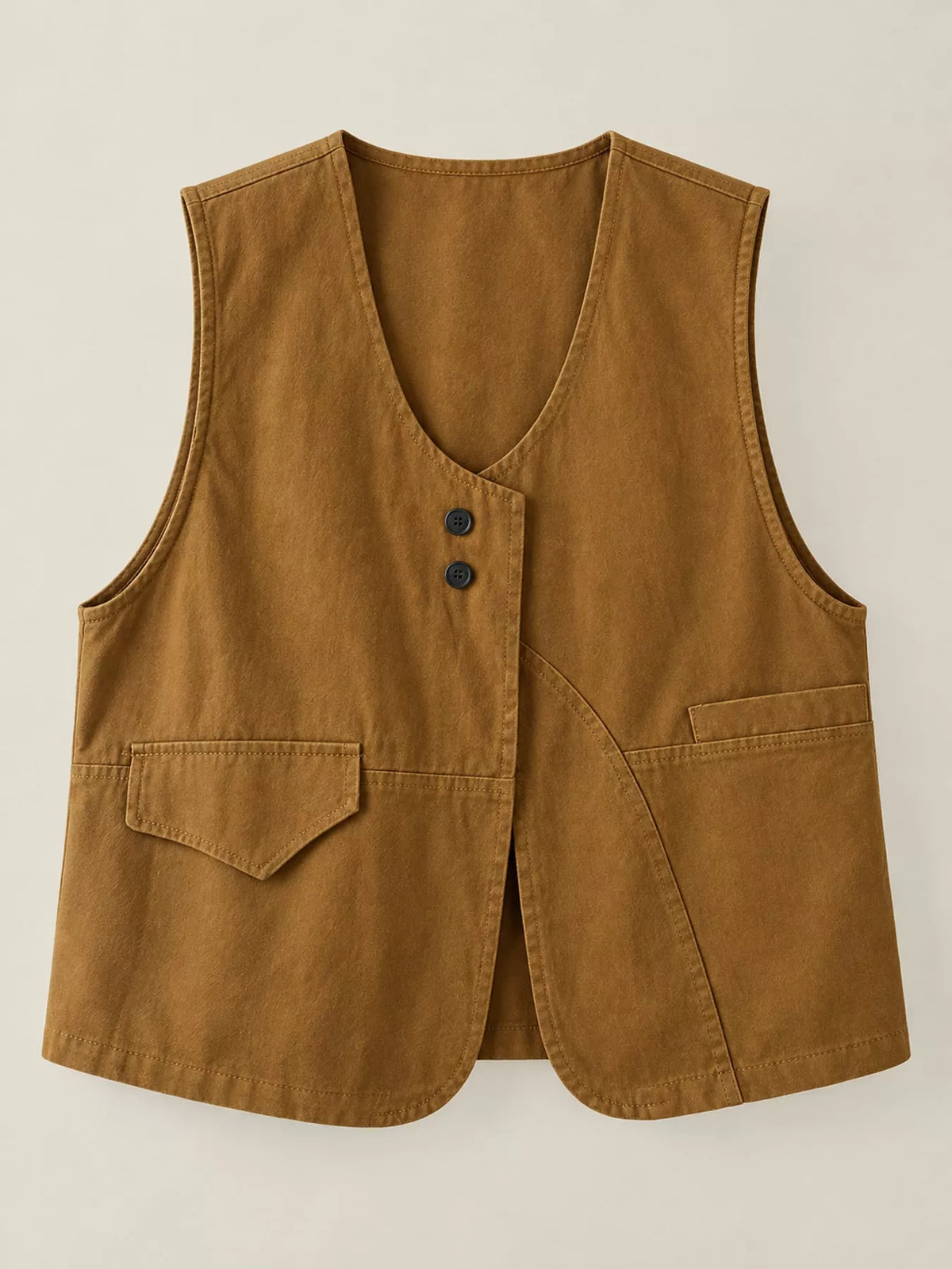 Asymmetric Button Closure Utility Vest Coat in tan
