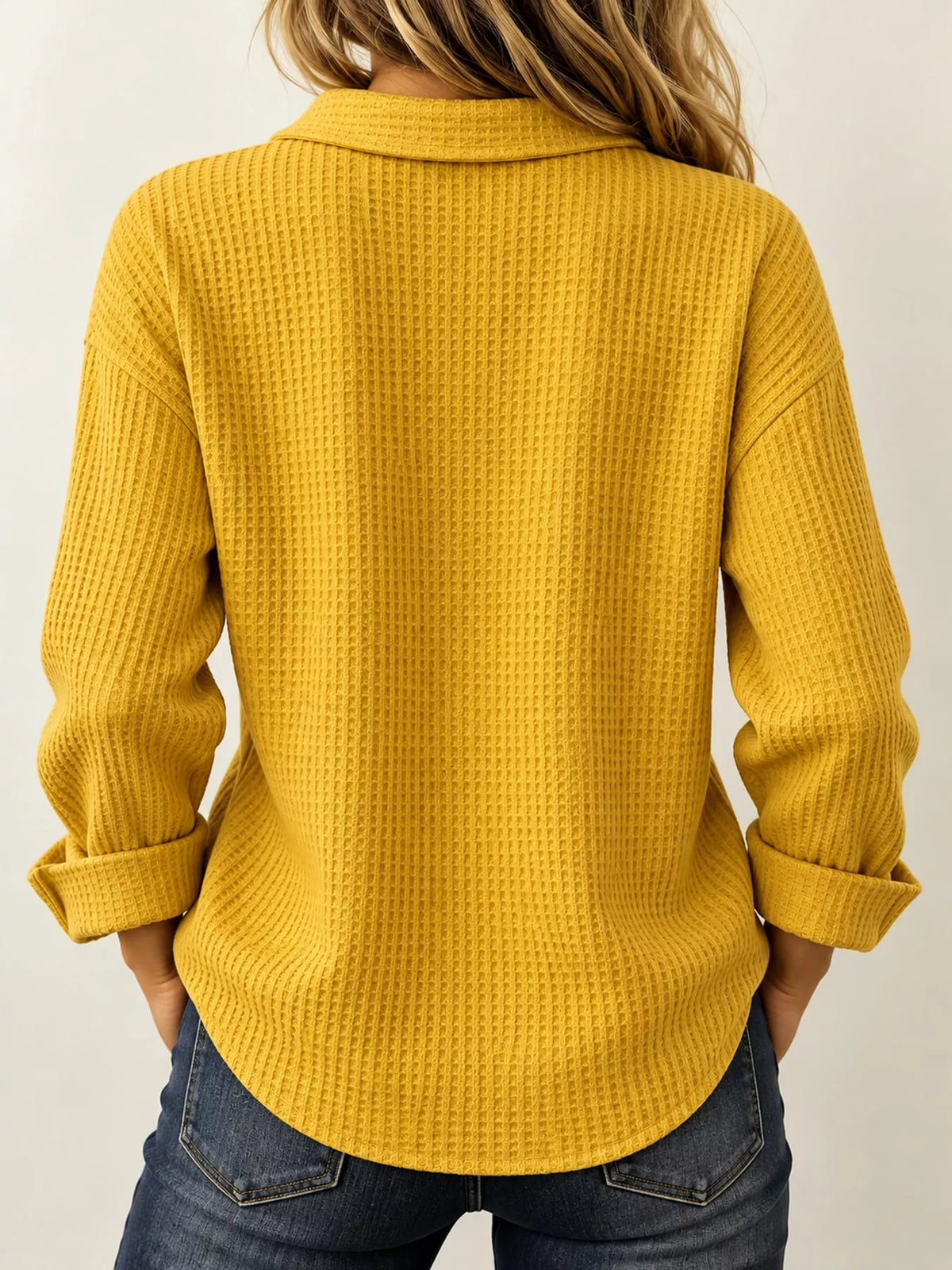 Yellow waffle knit long sleeve polo top, back view
