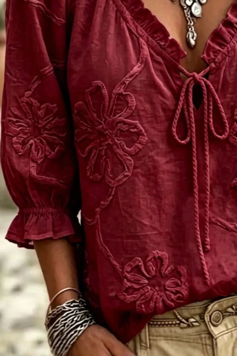 Floral Tie Neck 3/4 Sleeve Blouse in burgundy, embroidery and neckline detail