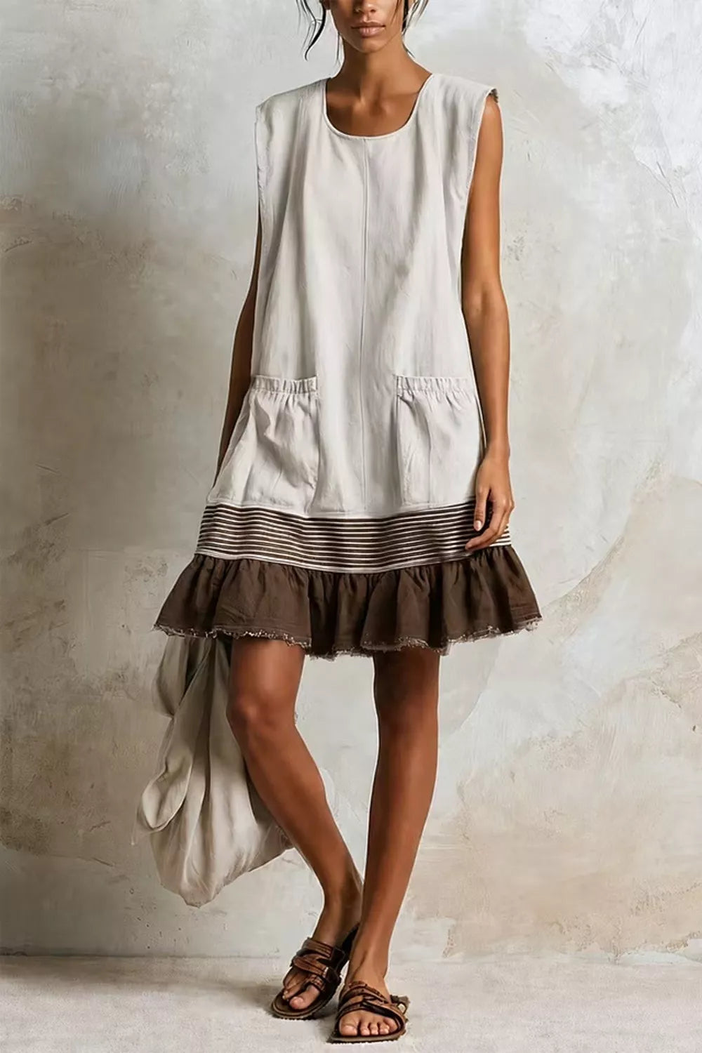 White and brown ruffled-hem sleeveless dress, front view