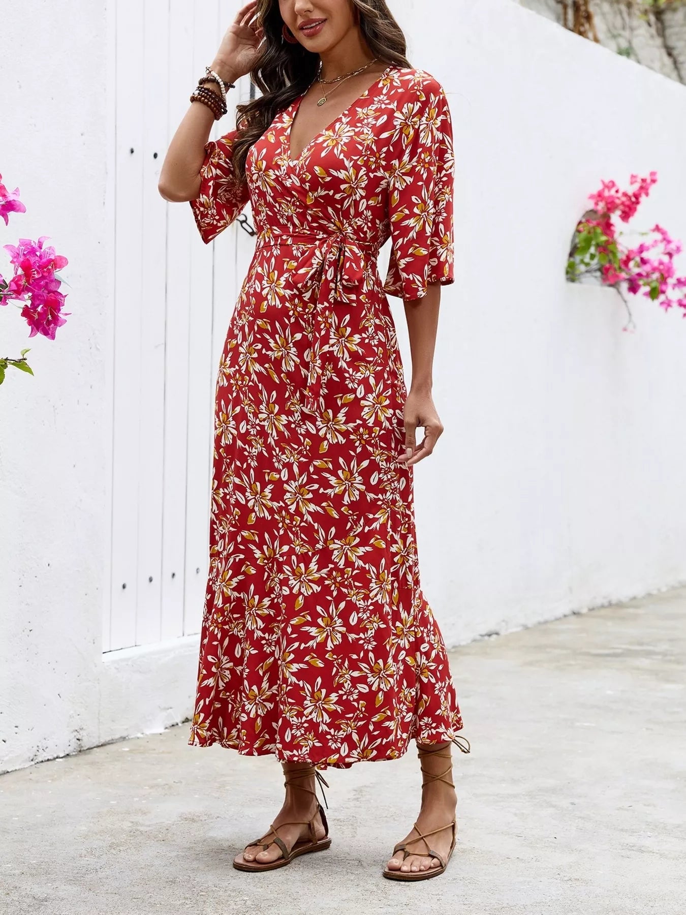 Trendsi Slit Printed Surplice Midi Dress -
