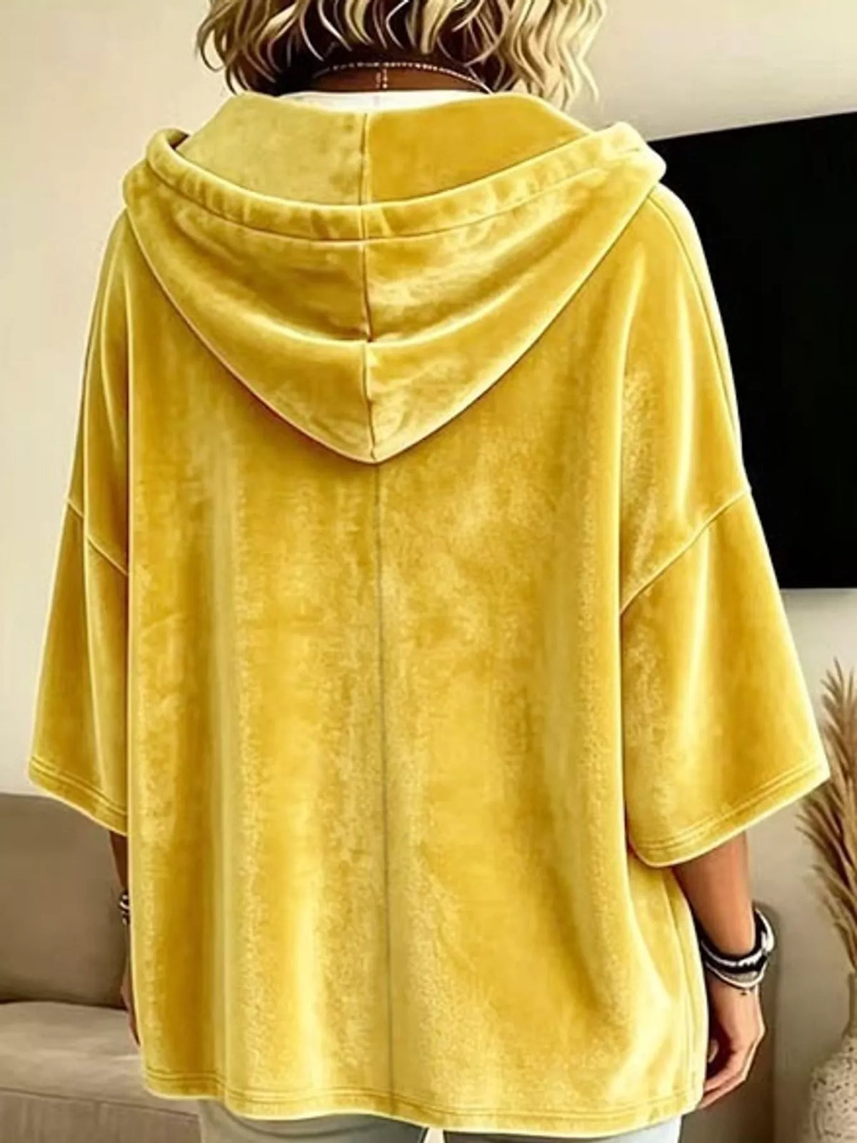Velvet Button Hoodie in yellow, back view