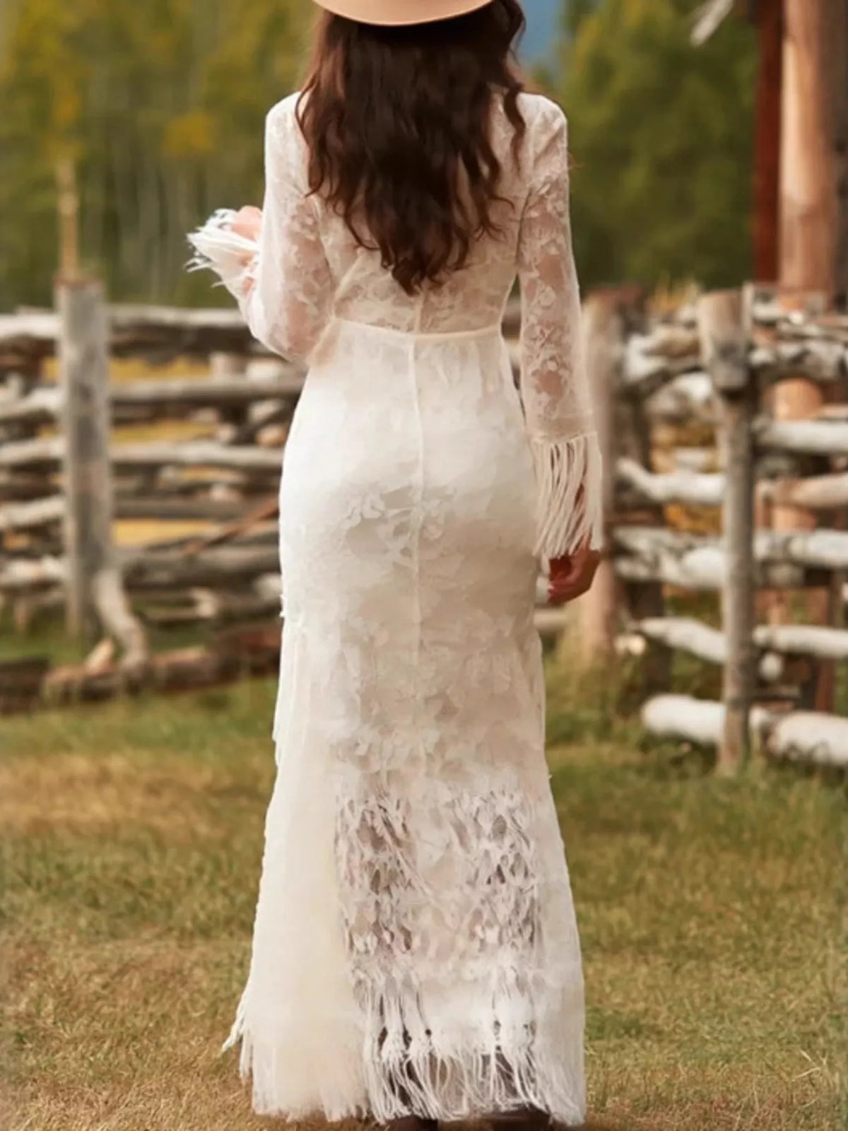 Trendsi Lace Fringe V-Neck Maxi Dress -