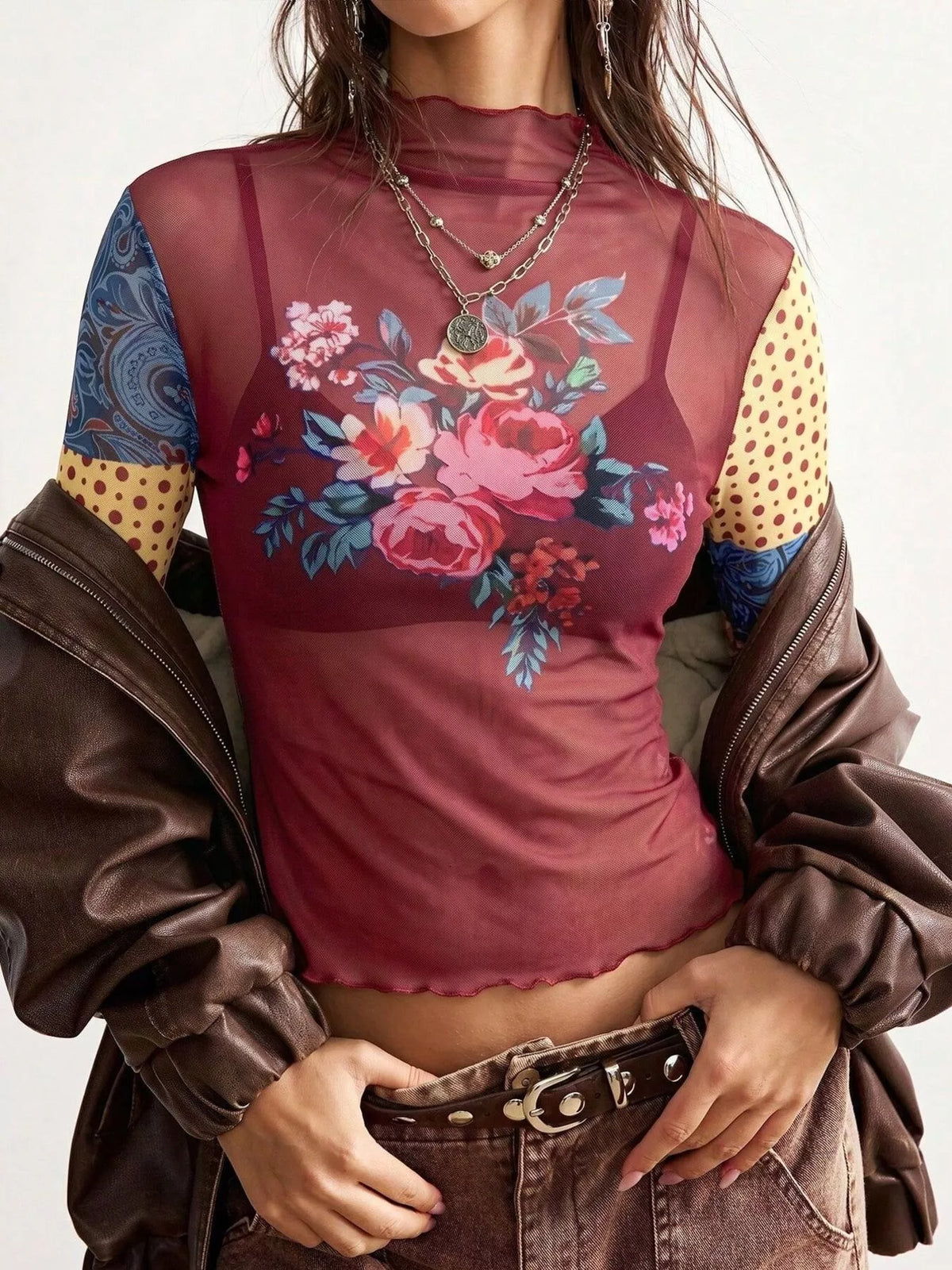 Trendsi Floral Print Mesh Mock Neck Long Sleeve Top -