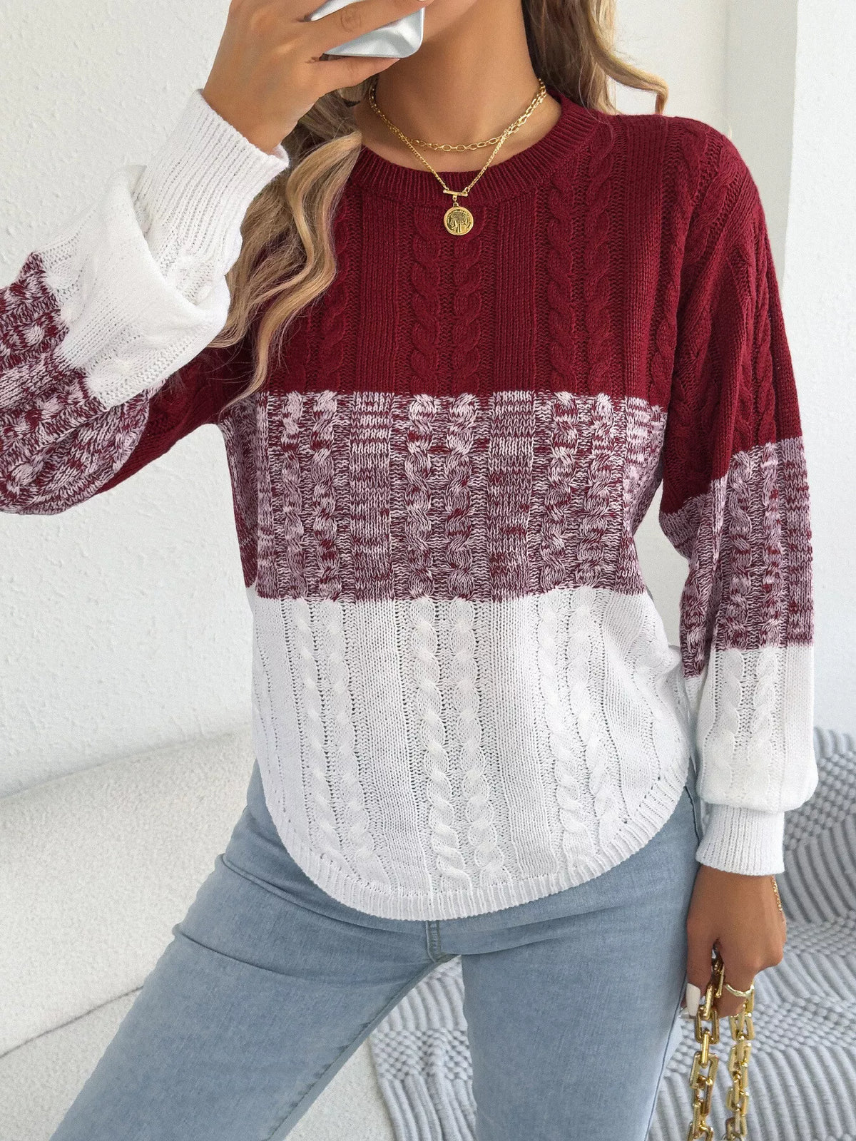 Burgundy colorblock cable knit round neck sweater
