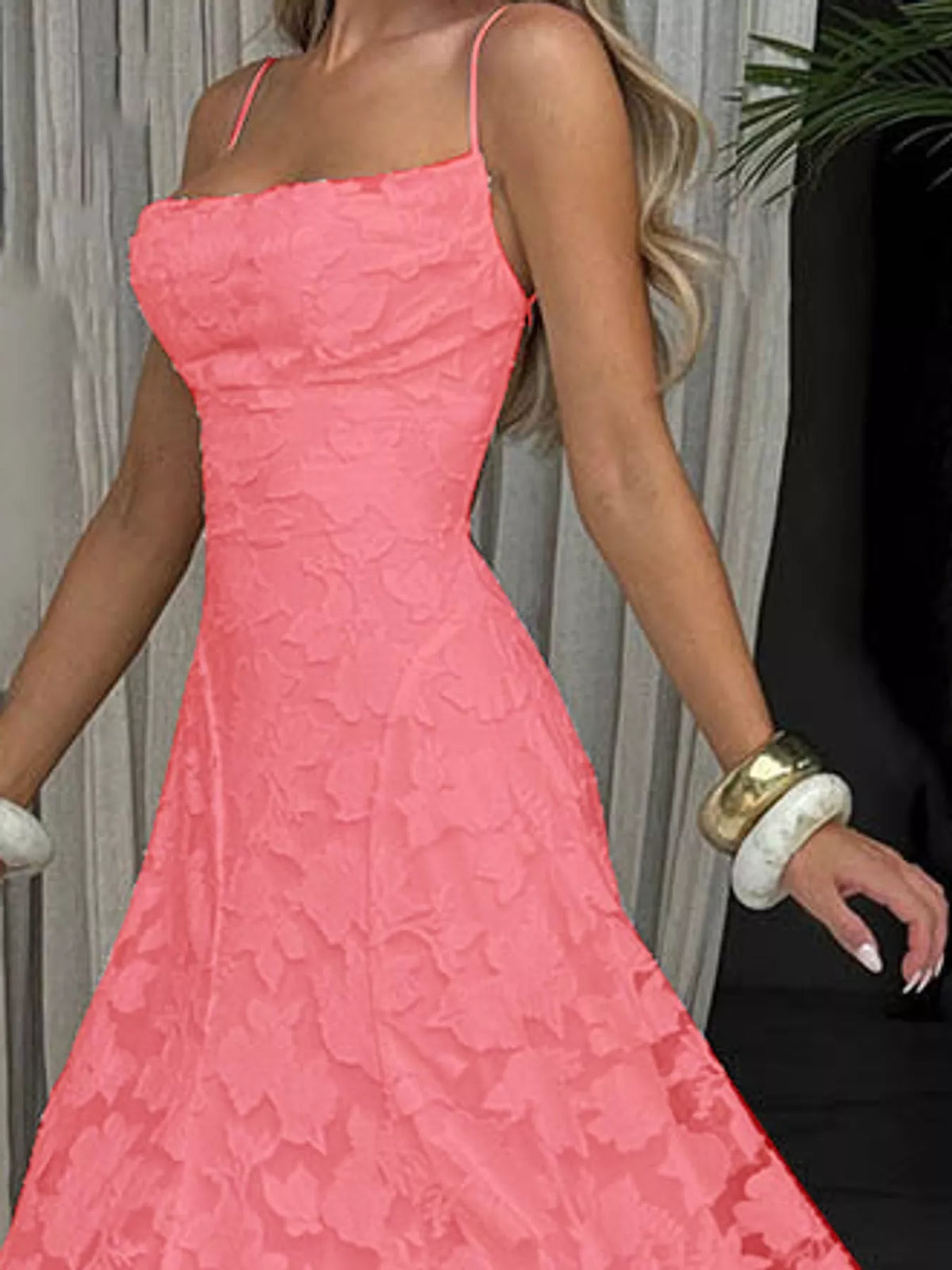 Coral pink backless lace maxi dress, side view