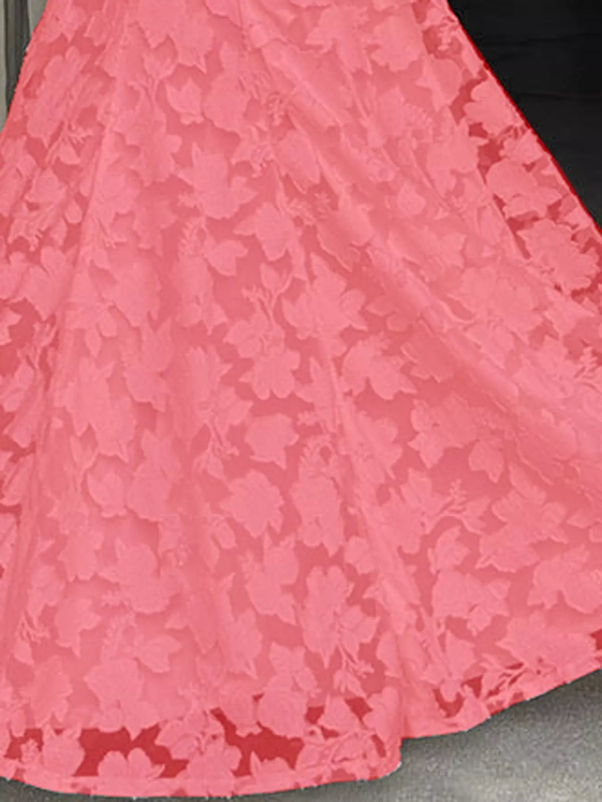 Coral pink backless lace maxi dress, detail view