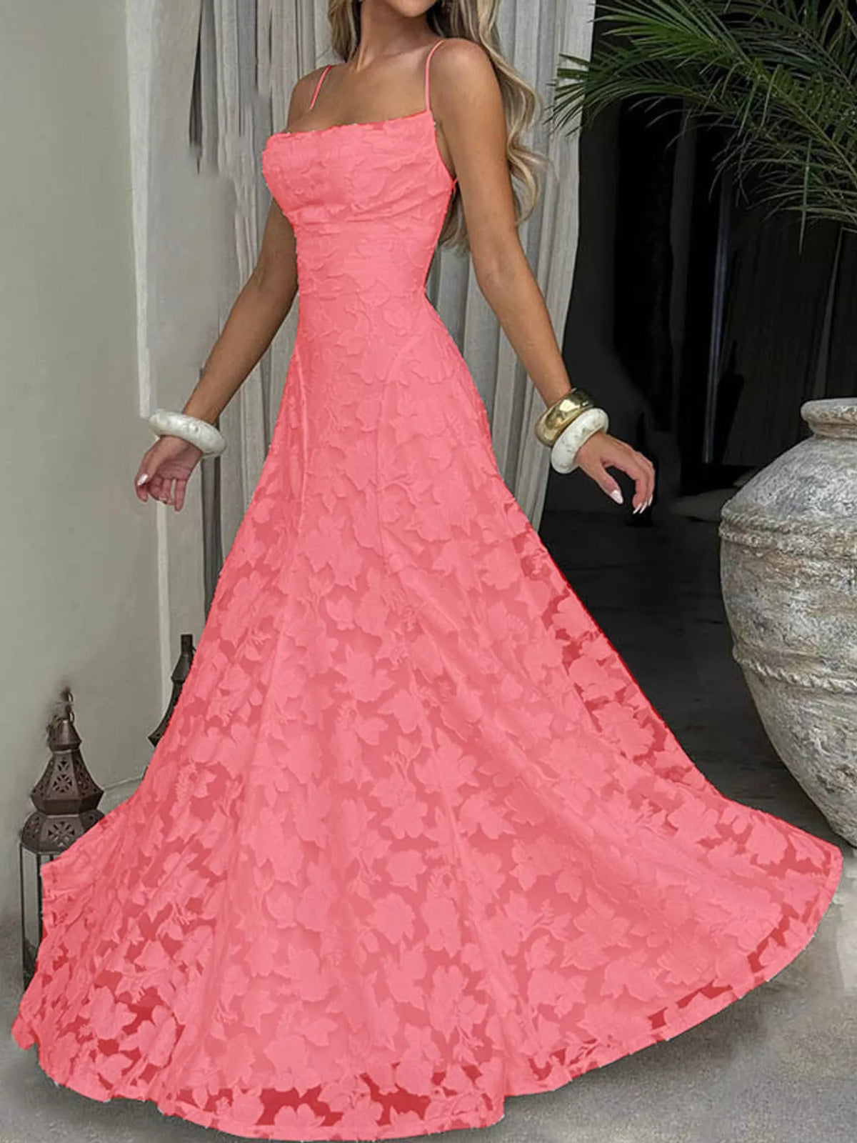 Coral pink backless lace maxi dress, front view