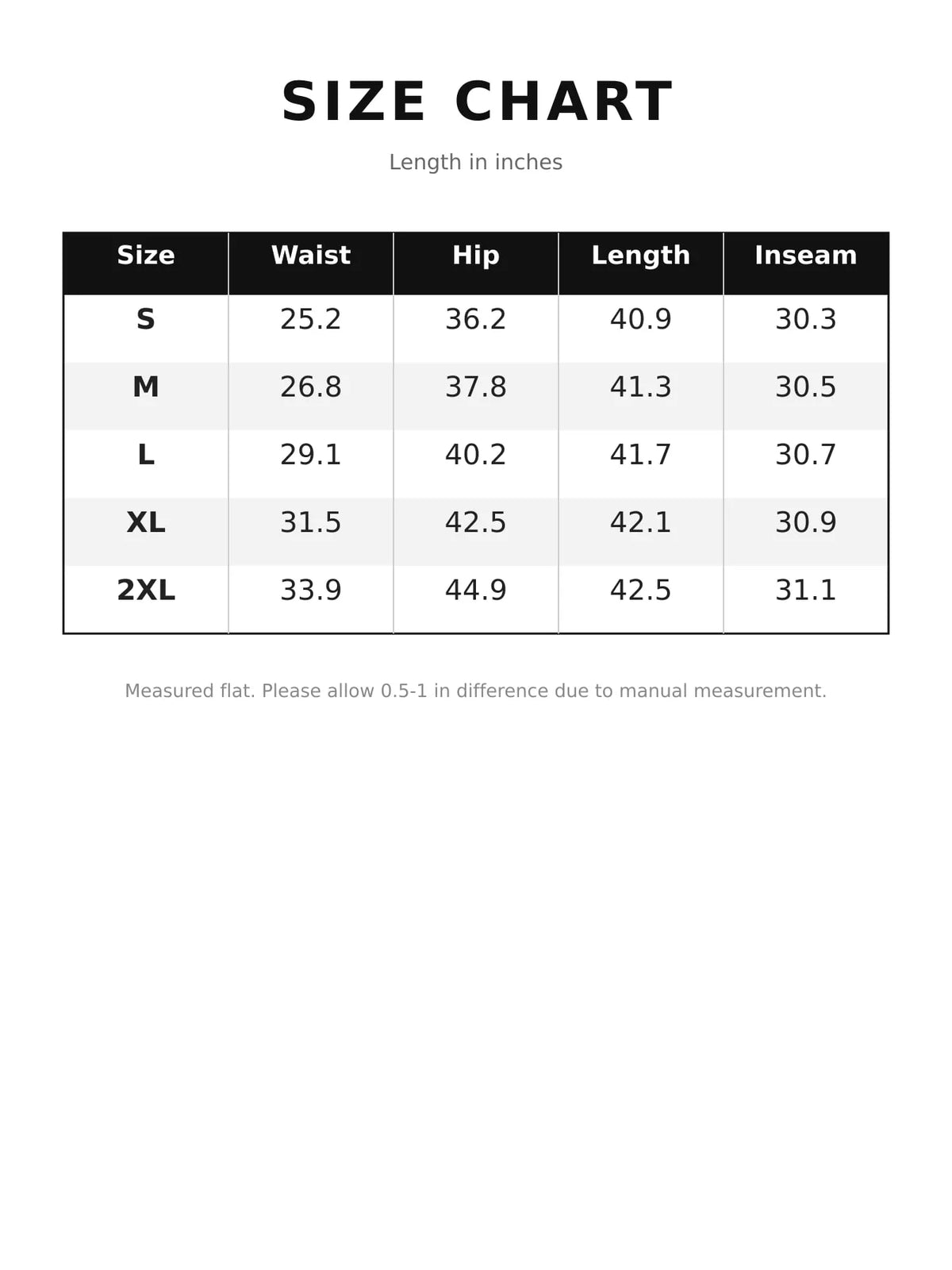 Size and measurement chart for wide-leg jeans